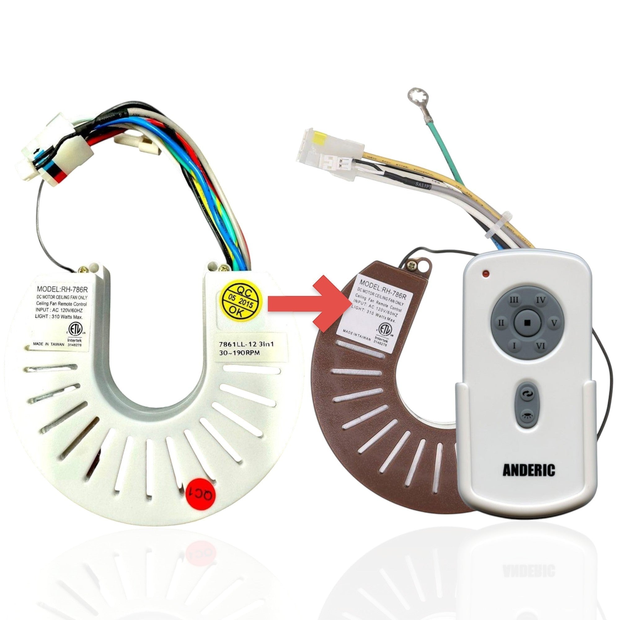 Anderic white U-shaped ceiling fan remote receiver replacement for Kichler RH-786R models with wiring harness
