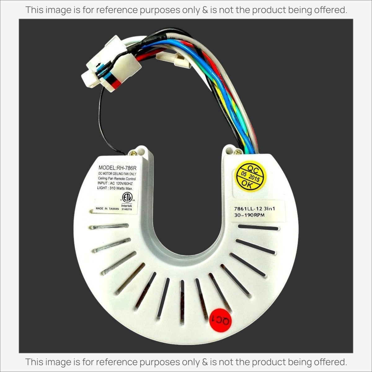 Anderic RH-786R ceiling fan remote receiver replacement with wiring harness and white U-shaped housing.