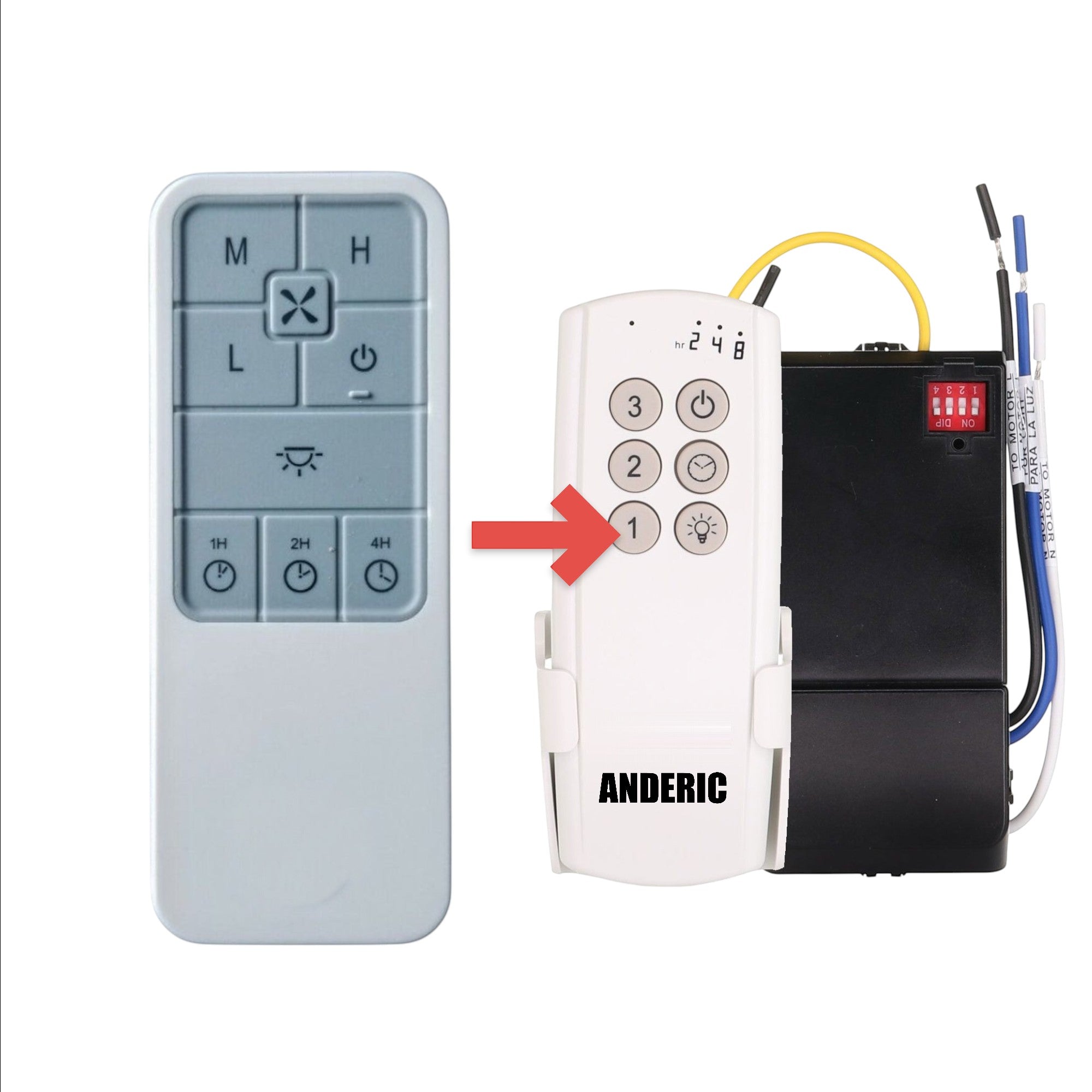 Anderic replacement remote control for UC7235T ceiling fans with speed, light, and timer buttons in white and grey.