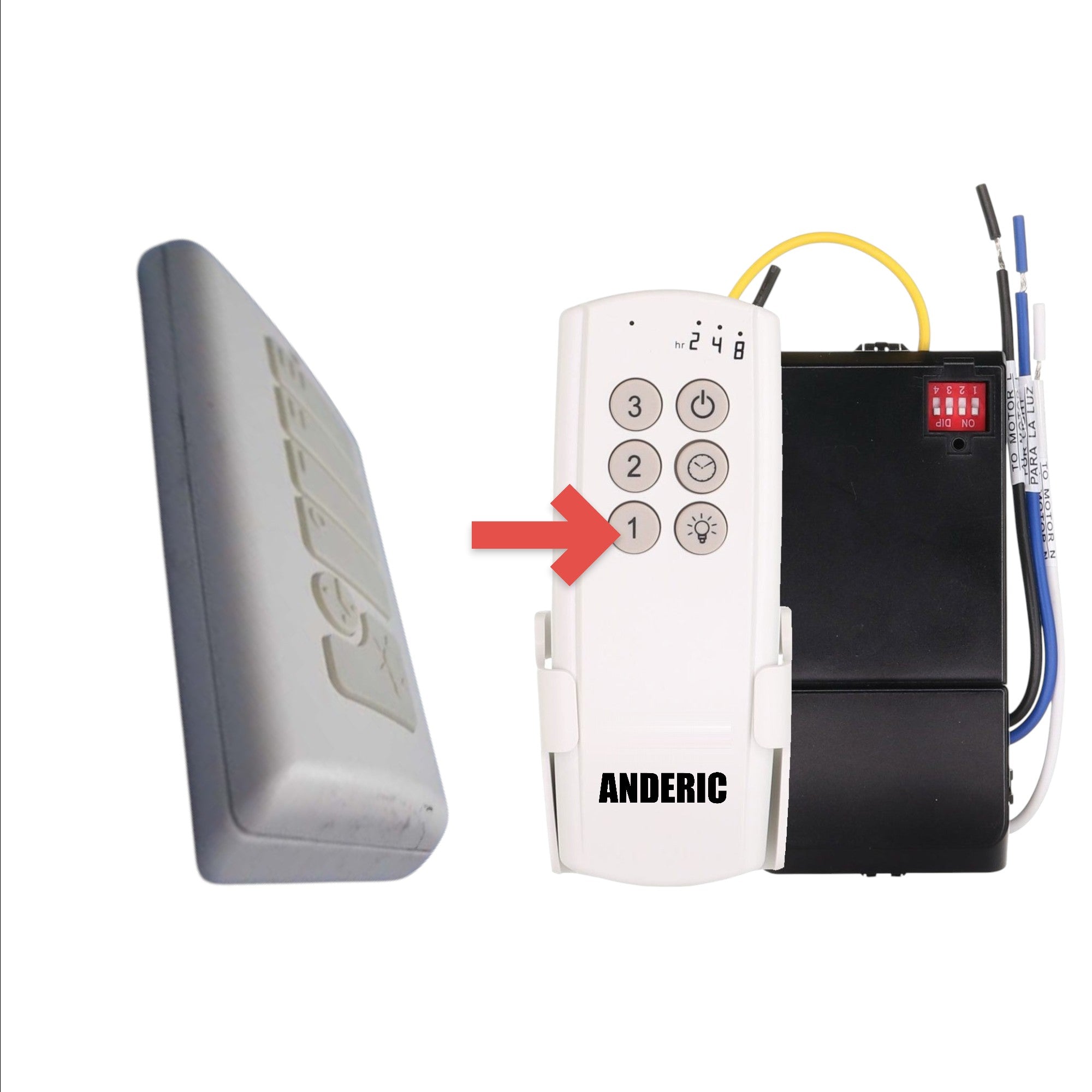 Anderic white ceiling fan remote control with speed and light dimming buttons for TR121A KUJCE10002 models.