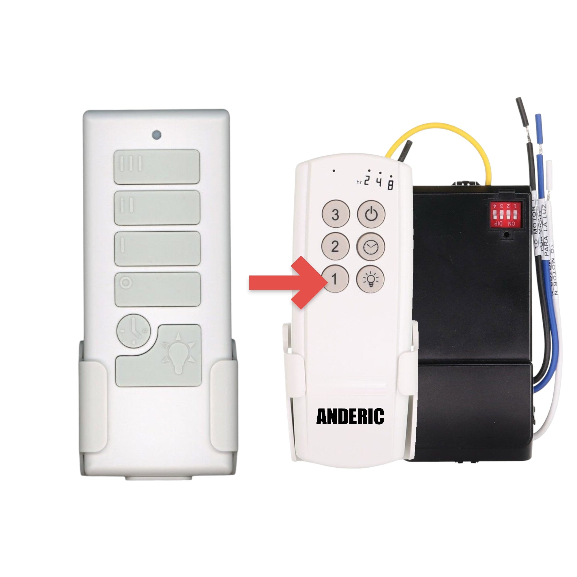 Anderic white ceiling fan remote control for TR123B KUJCE10901, 304.17 MHz frequency with wall mount bracket.