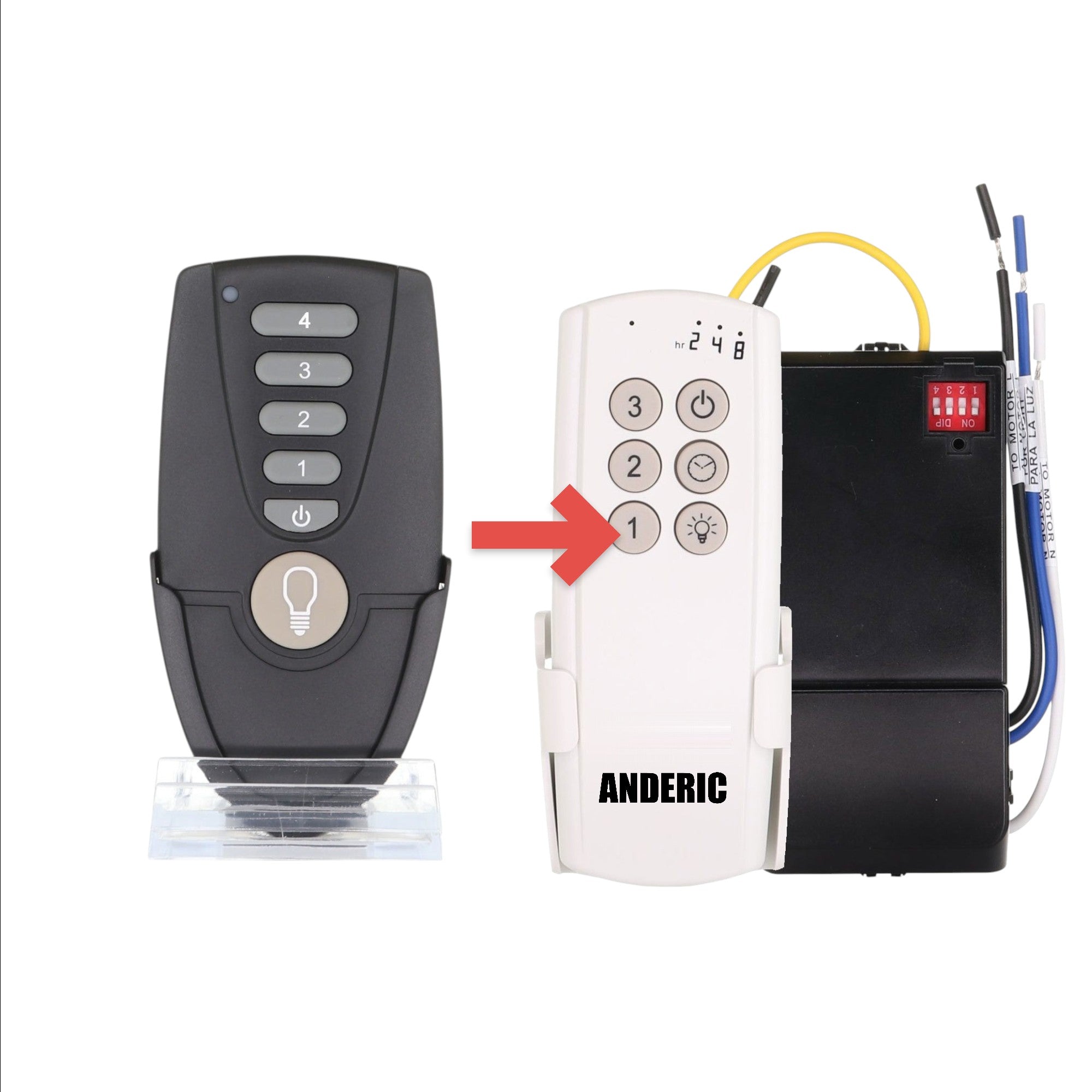 Anderic 4-speed ceiling fan remote control for Hampton Bay TR171A, featuring a black design with light button.