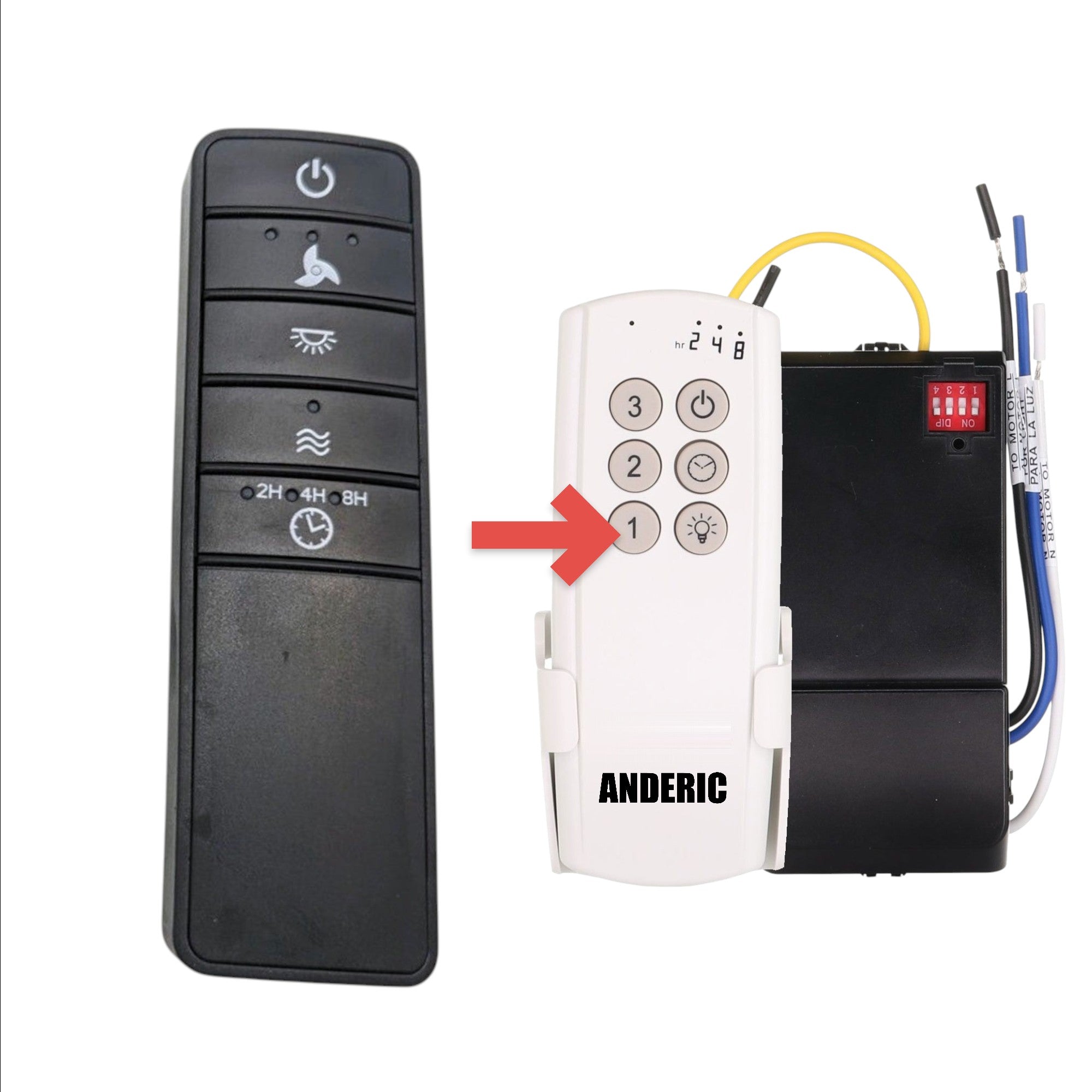 Anderic 63T-AC83T-KIT black ceiling fan remote control with speed, light, and timer buttons for TR221A replacement.