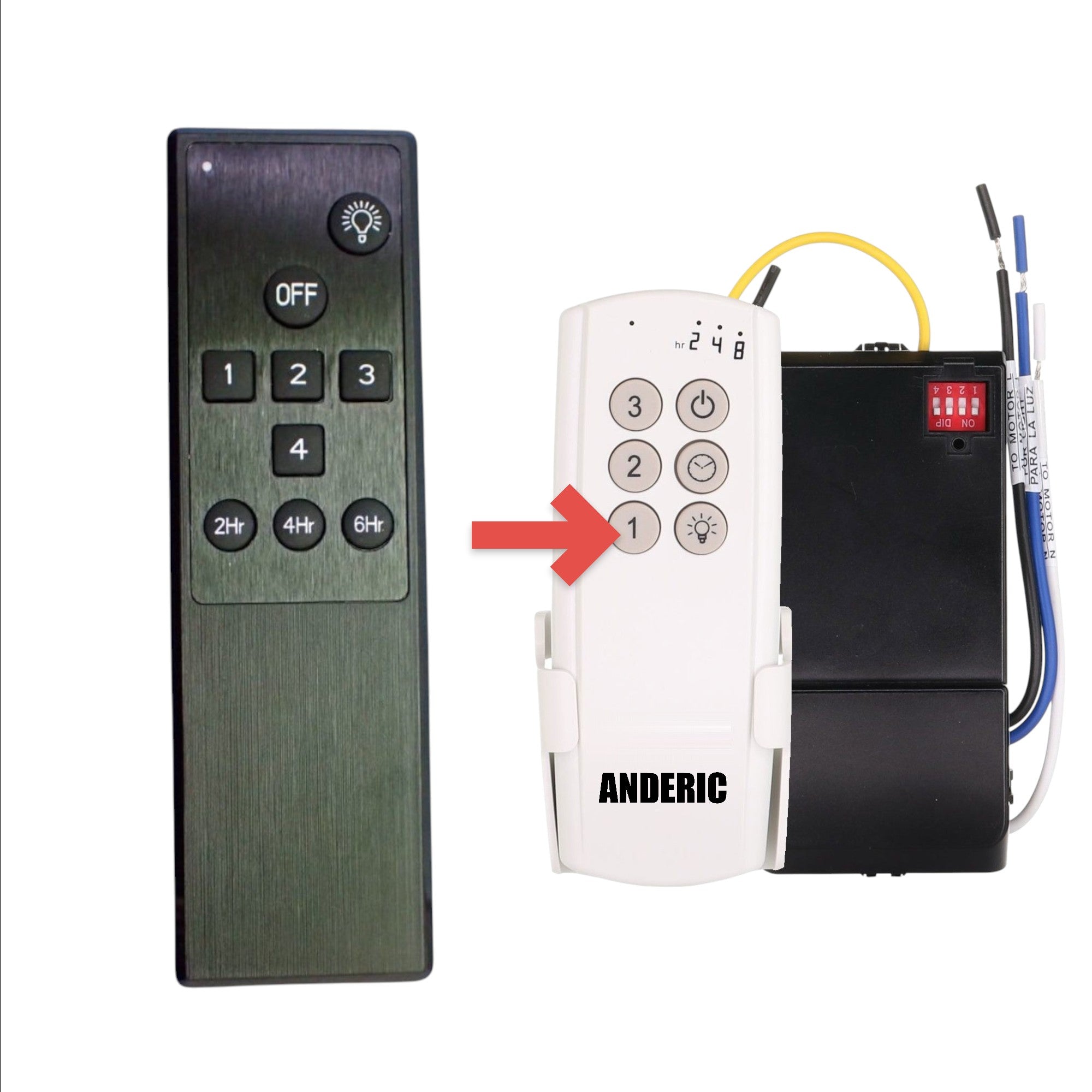Anderic black ceiling fan remote control with speed, light, and timer buttons for TR262B KUJCE10705 replacement.