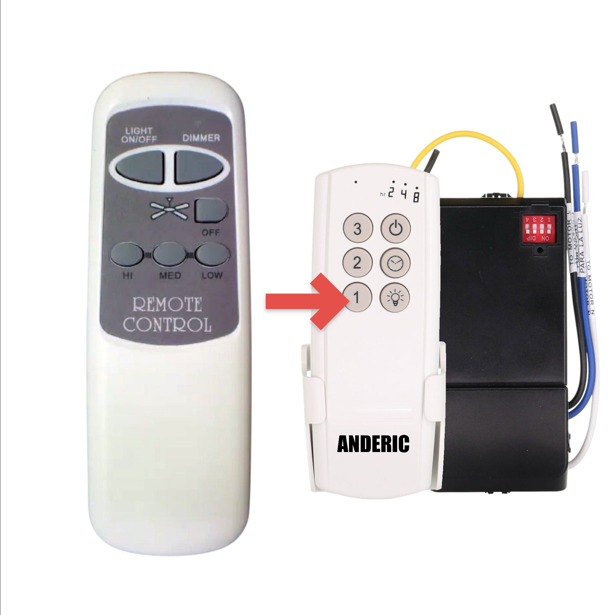 Anderic white ceiling fan remote control with light dimmer and three-speed fan settings for wireless operation.
