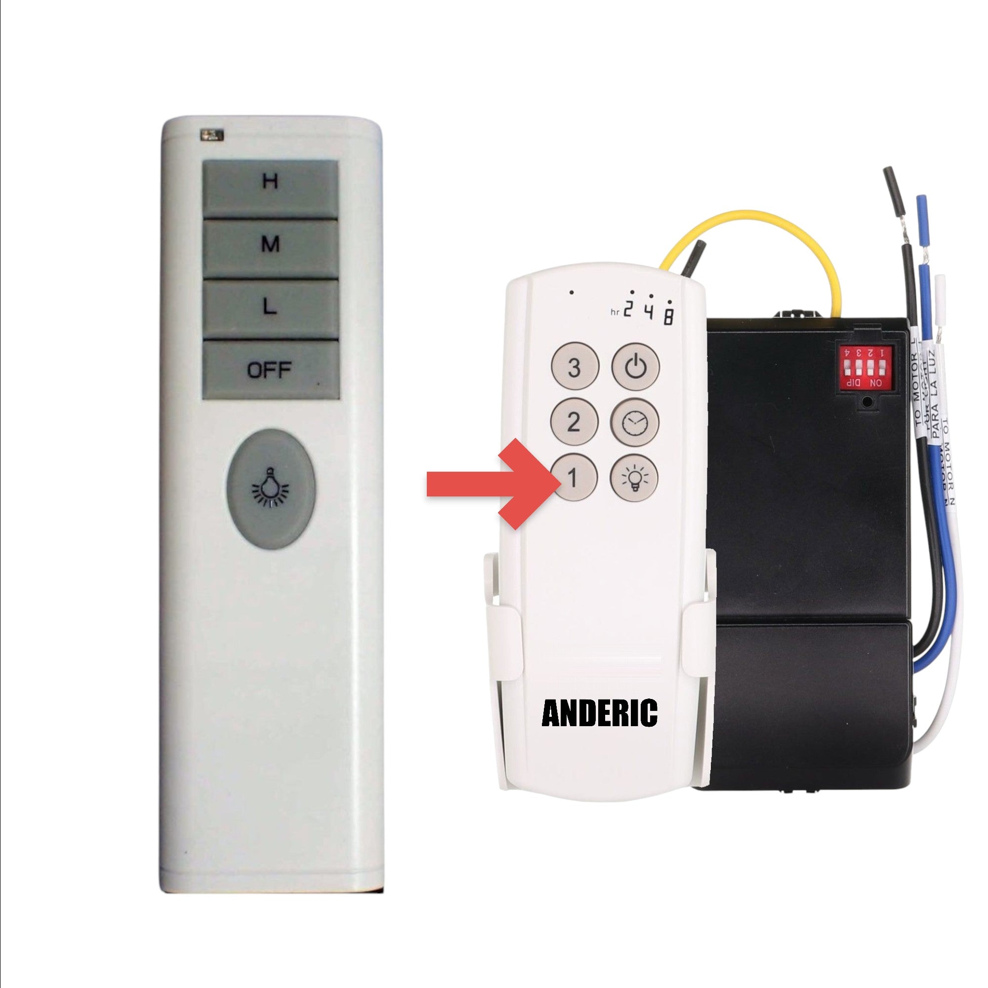 Anderic white ceiling fan remote control with H, M, L speed buttons and a light dimming button.