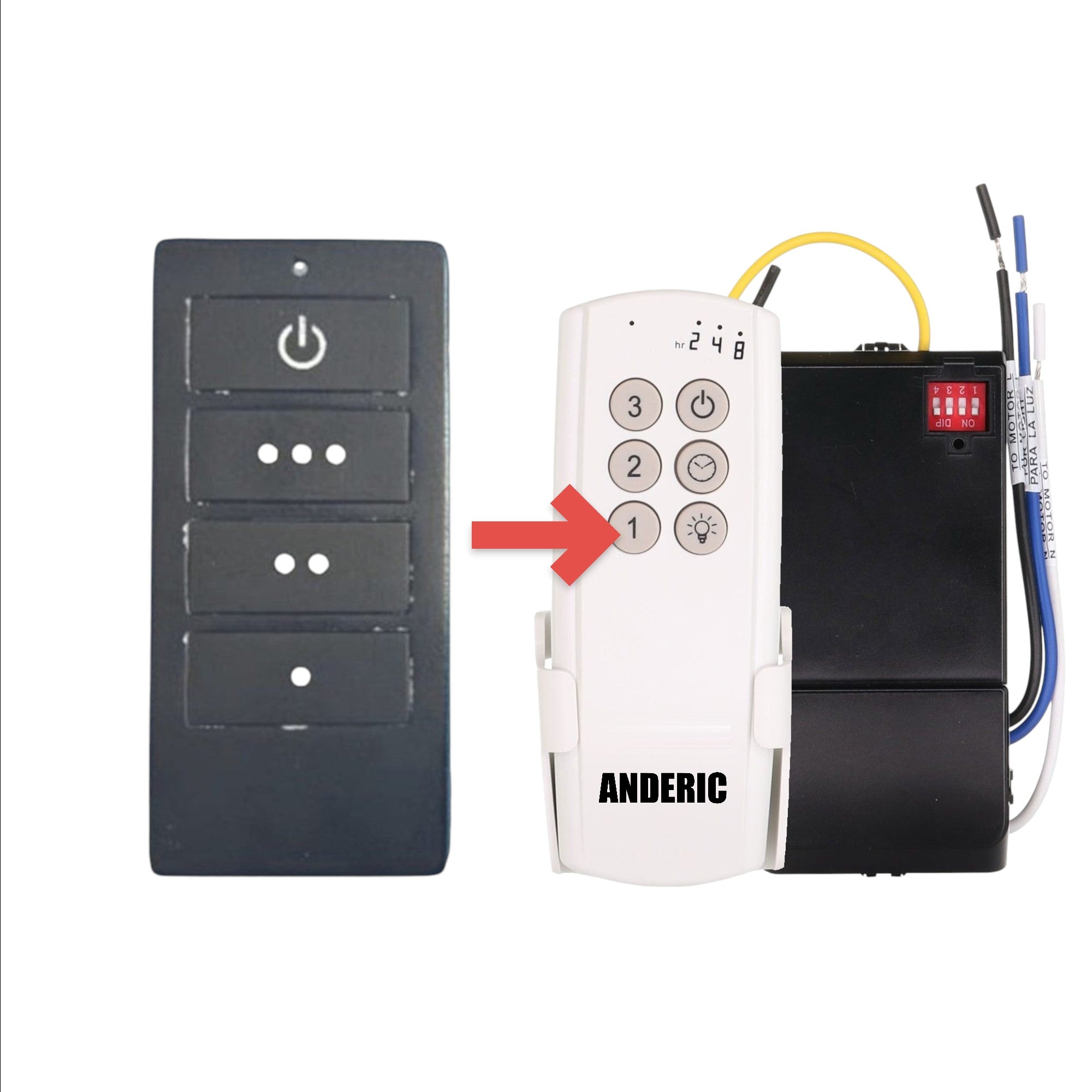 Anderic universal ceiling fan remote control for Home Decorators Collection TRA048G1M with fan speed and light buttons.