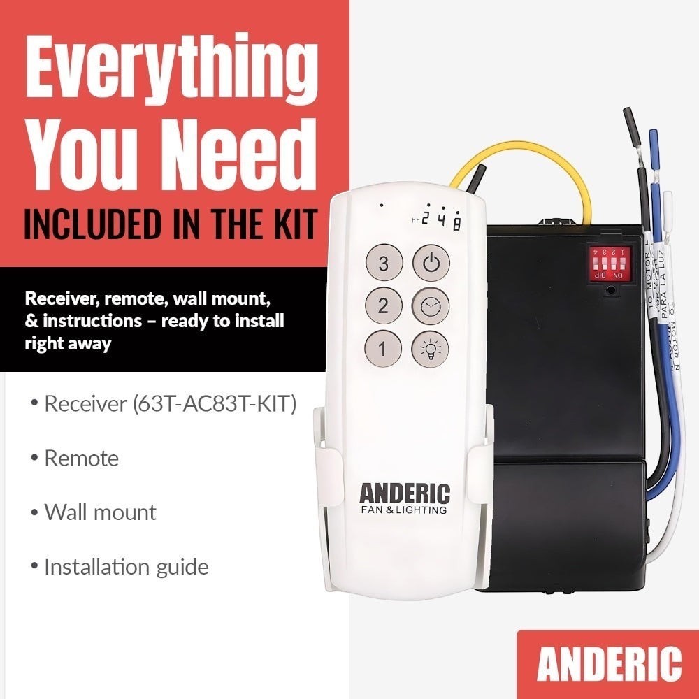 Anderic UC7082T ceiling fan remote control kit with receiver, wall mount, and instructions. White remote has speed buttons 1-3, power, and light.