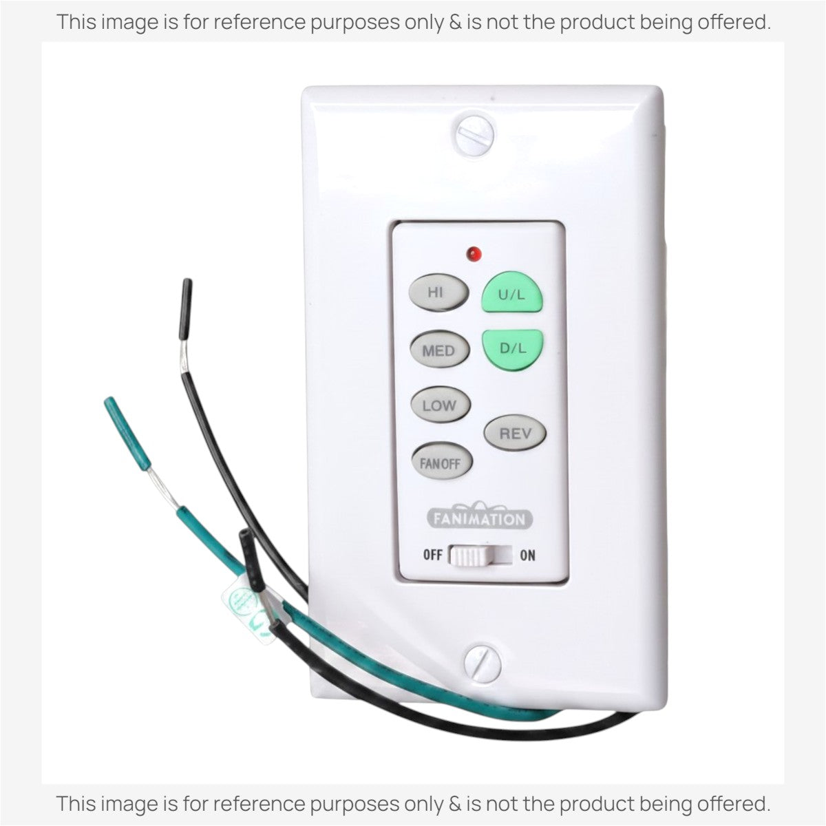 Anderic white wall-mounted ceiling fan remote control with fan speed, light, and reverse buttons on a white plate.