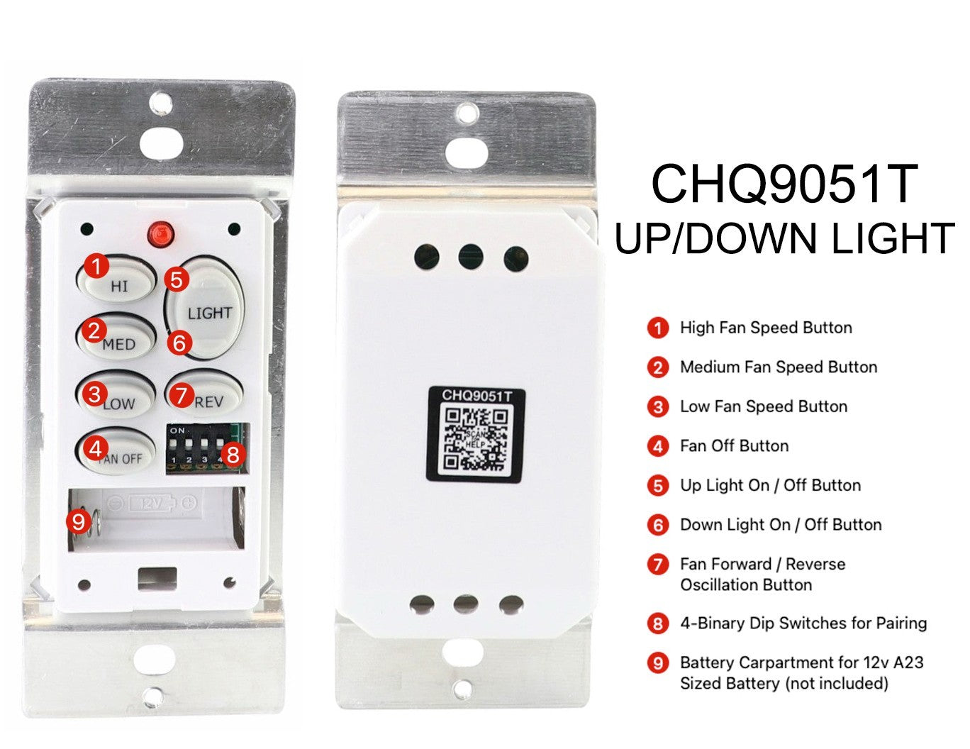 Anderic CHQ9051T ceiling fan remote control with labeled buttons for speed, light, and reverse functions.