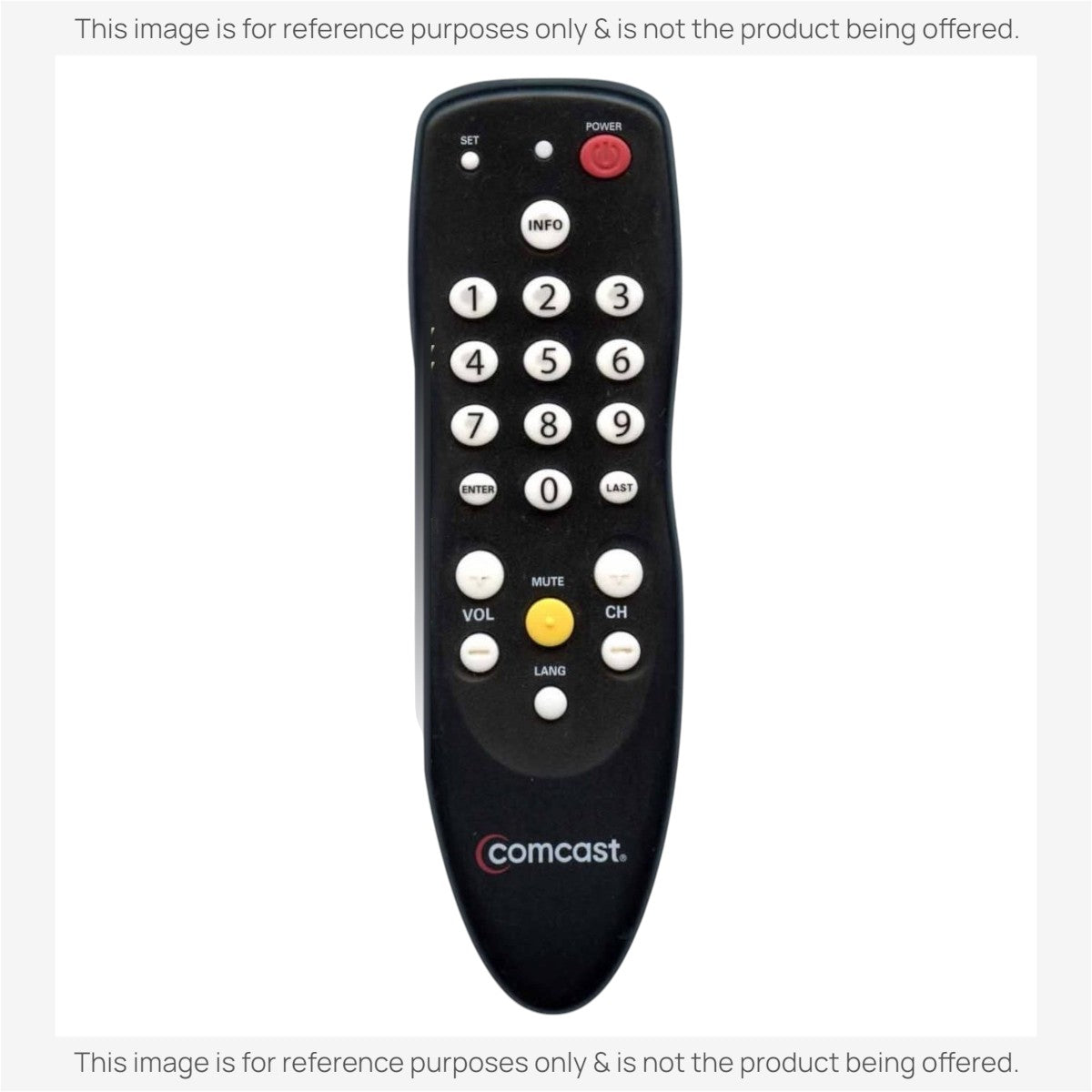 Anderic RRH100 black remote control for Comcast digital TV tuner boxes with white number buttons and red power button.