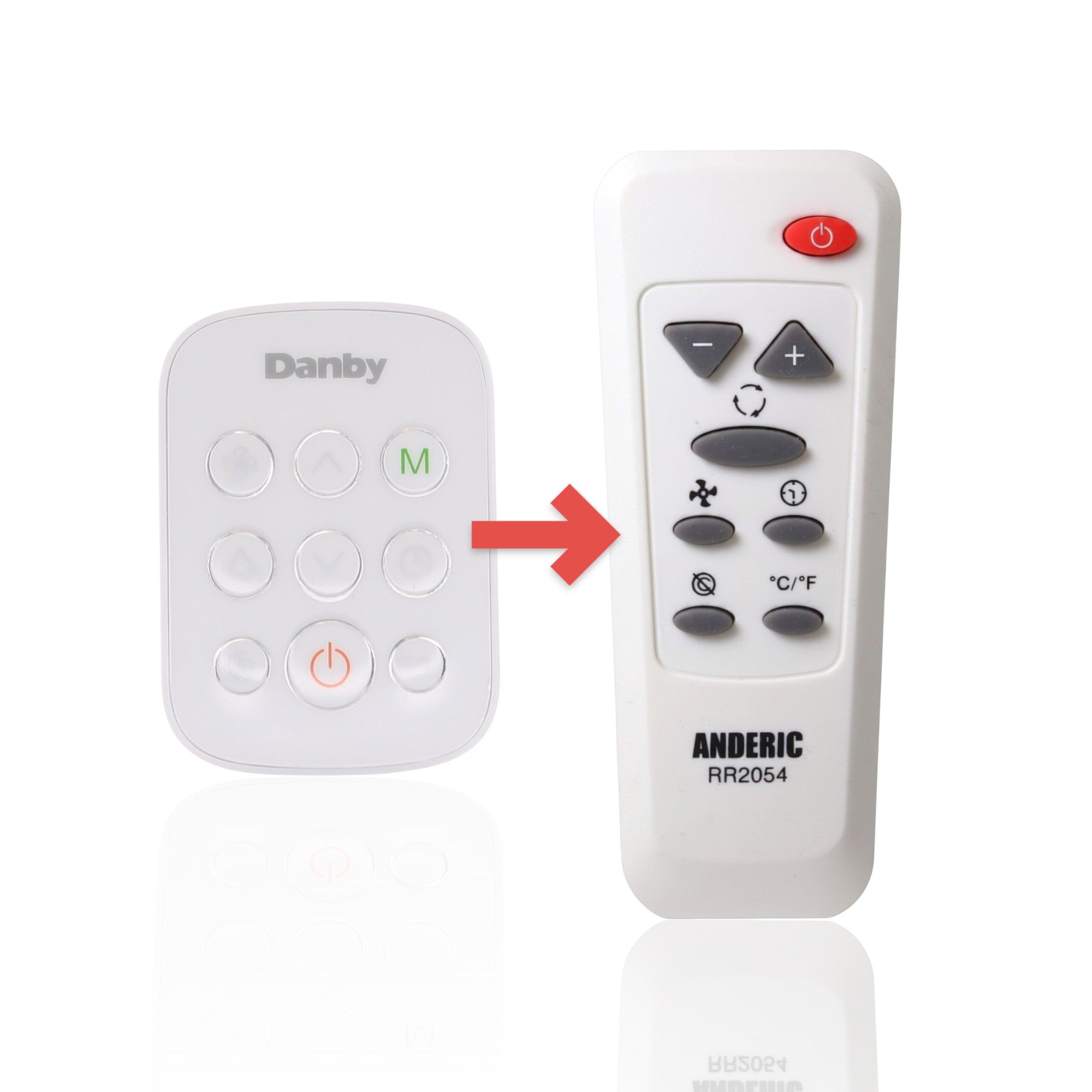 Anderic RR2054 replacement remote control for Danby portable air conditioners with white casing and grey buttons.
