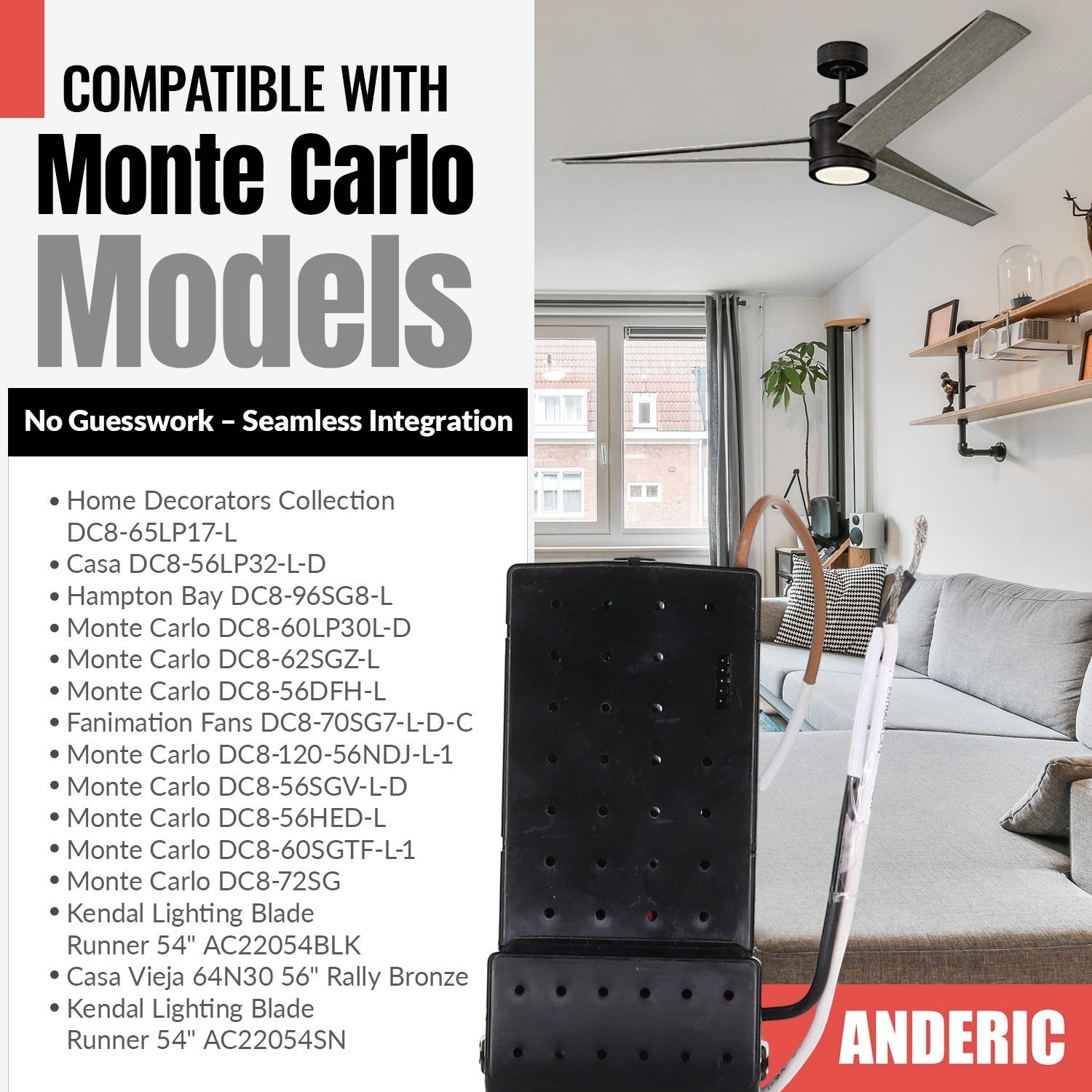 Anderic DC ceiling fan receiver replacement for Monte Carlo models with 6-speed control and wiring