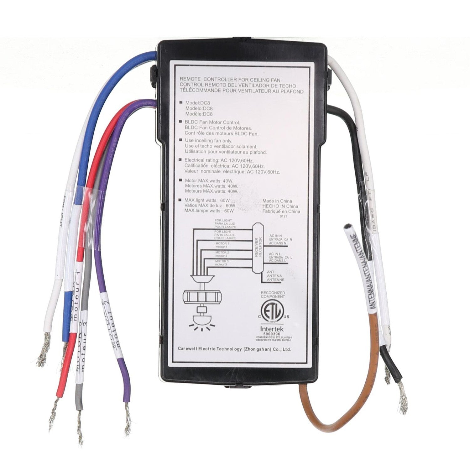 Anderic DC8-96SG8 ceiling fan receiver for Monte Carlo DC fans featuring 6-speed control and wiring diagram label.