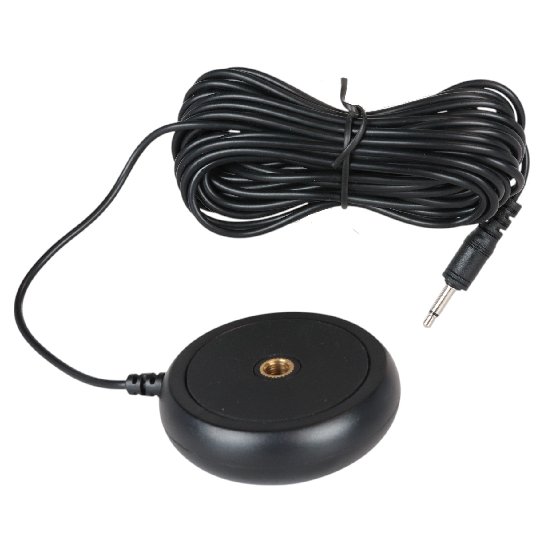 Anderic black condenser calibration microphone for Denon AV receivers with long cable and 3.5mm jack connector.