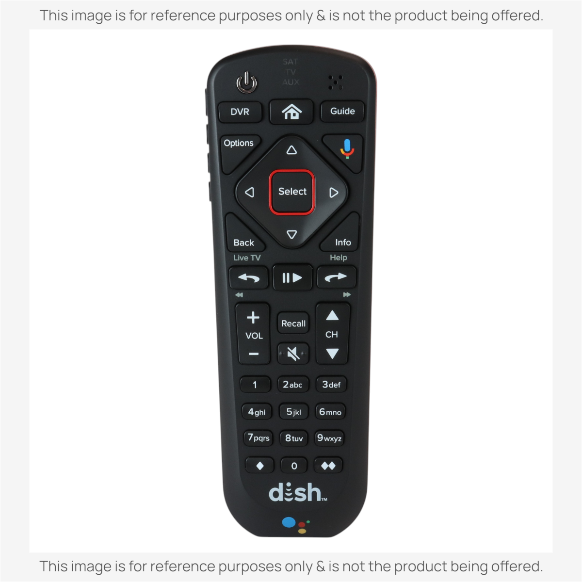 Anderic black Dish Network 54.2 UHF 2G remote control with Google Assistant voice button and DVR navigation keys.