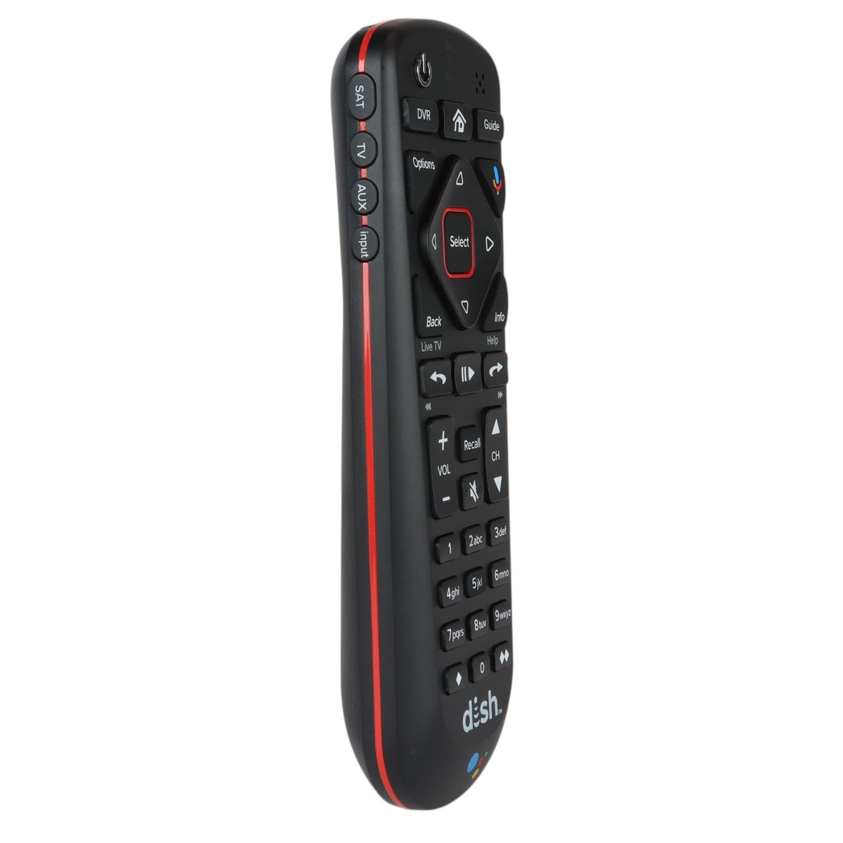 Anderic black Dish Network 54.2 UHF 2G remote control with Google Assistant voice button and side navigation keys.