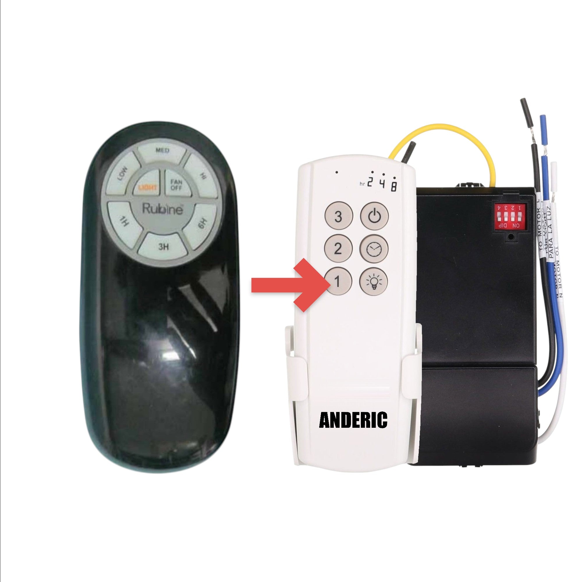 Anderic replacement remote control for DL4110T ceiling fans with speed, light, and timer settings.