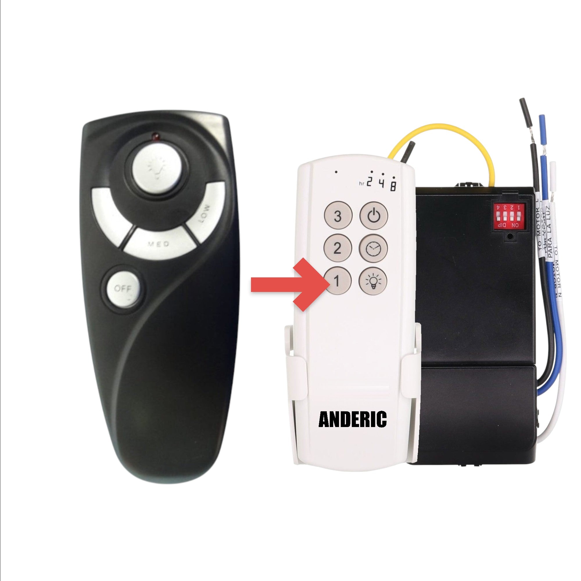 Anderic replacement ceiling fan remote control for DL6101T with light, speed settings, and off button.
