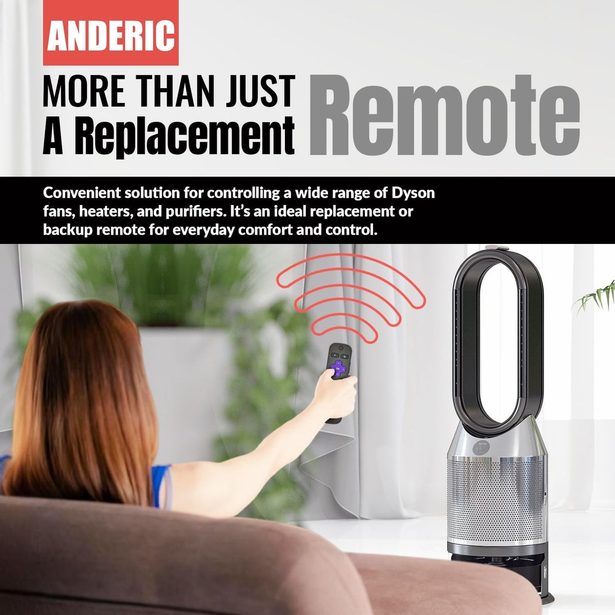 Anderic replacement remote control for Dyson AM02 bladeless tower fan held by a woman in a living room