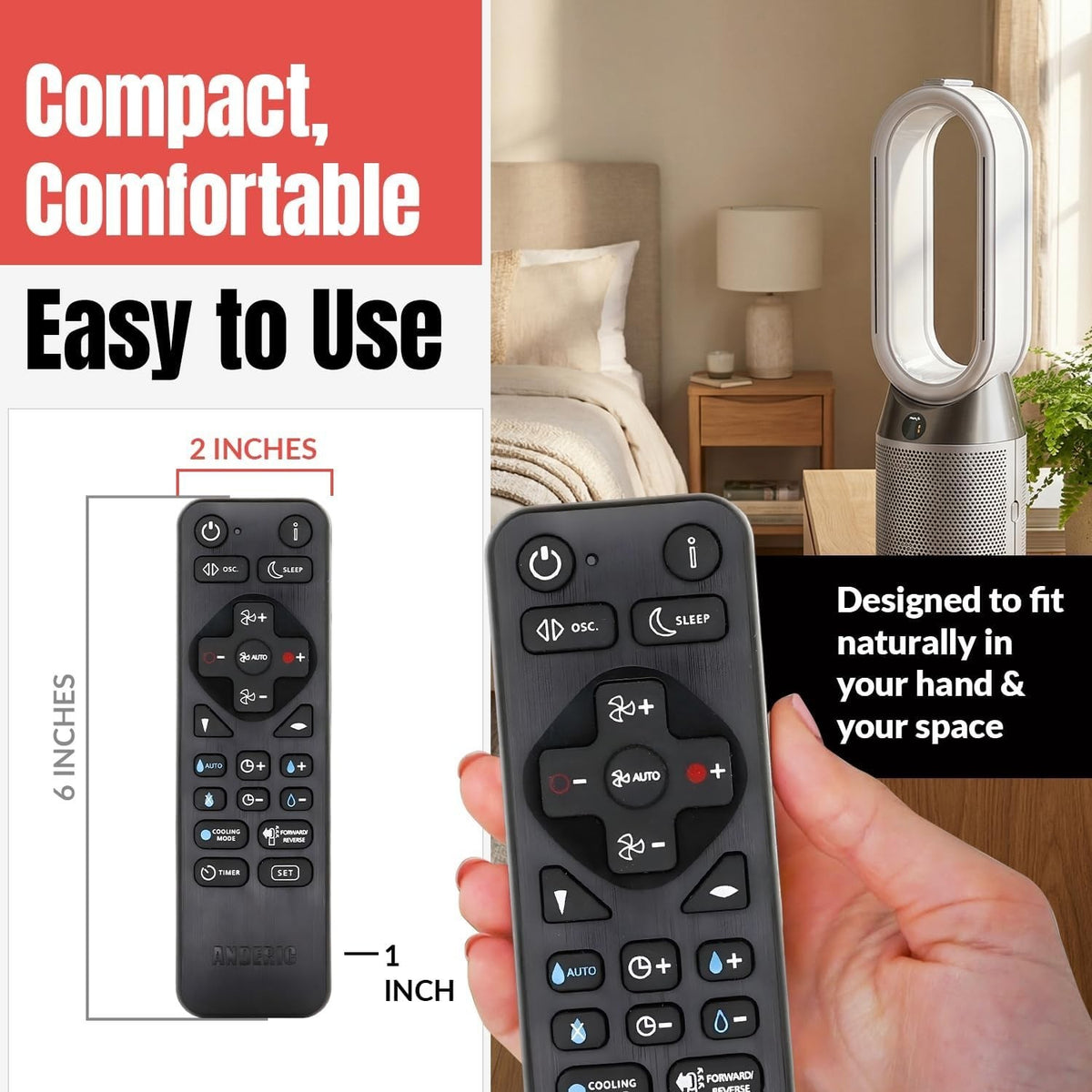 Anderic replacement remote control for Dyson BP01 Pure Cool Me fan, featuring a compact black design with clear buttons