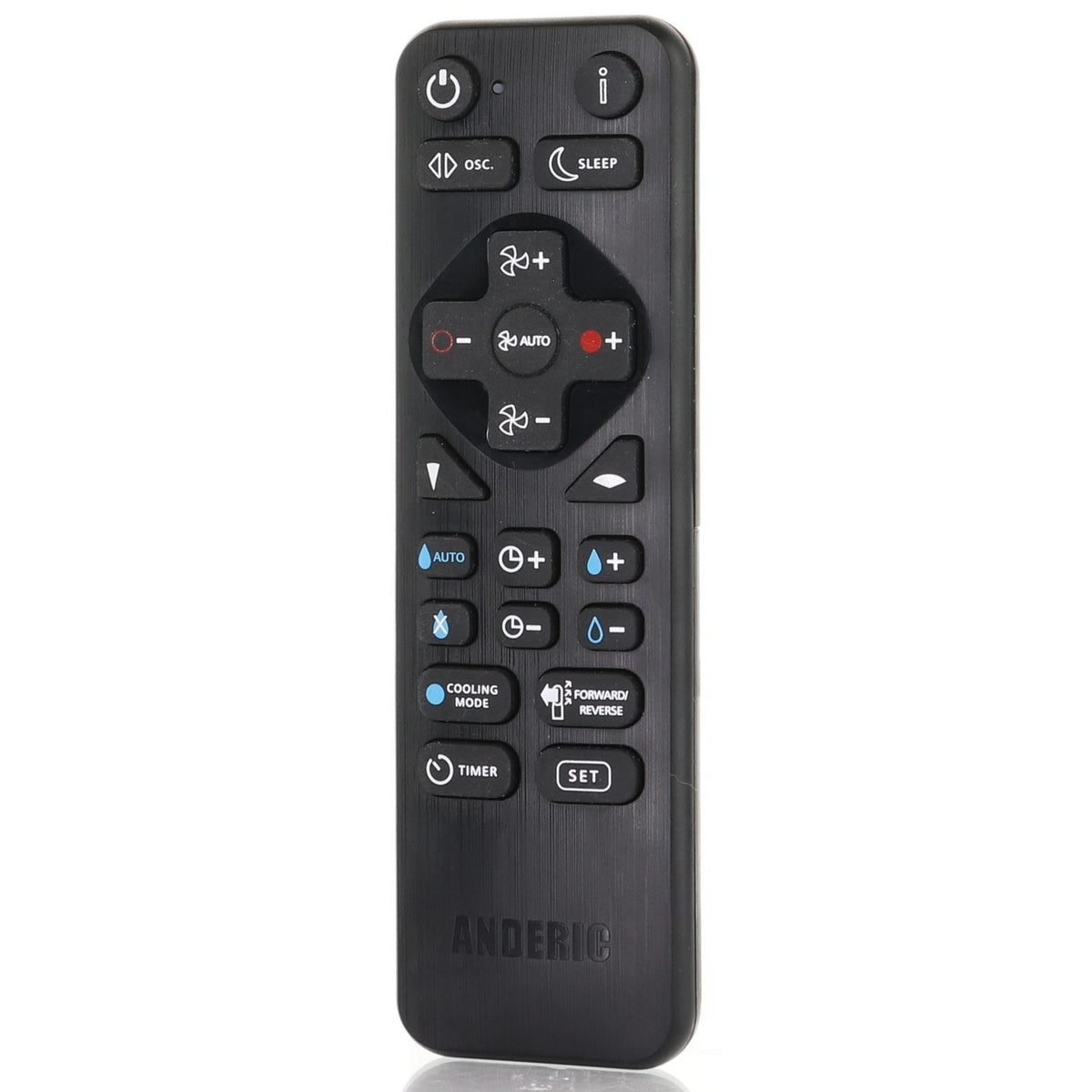 Anderic replacement remote control for Dyson AM06, AM07, and AM08 pedestal fans with black finish and button icons.