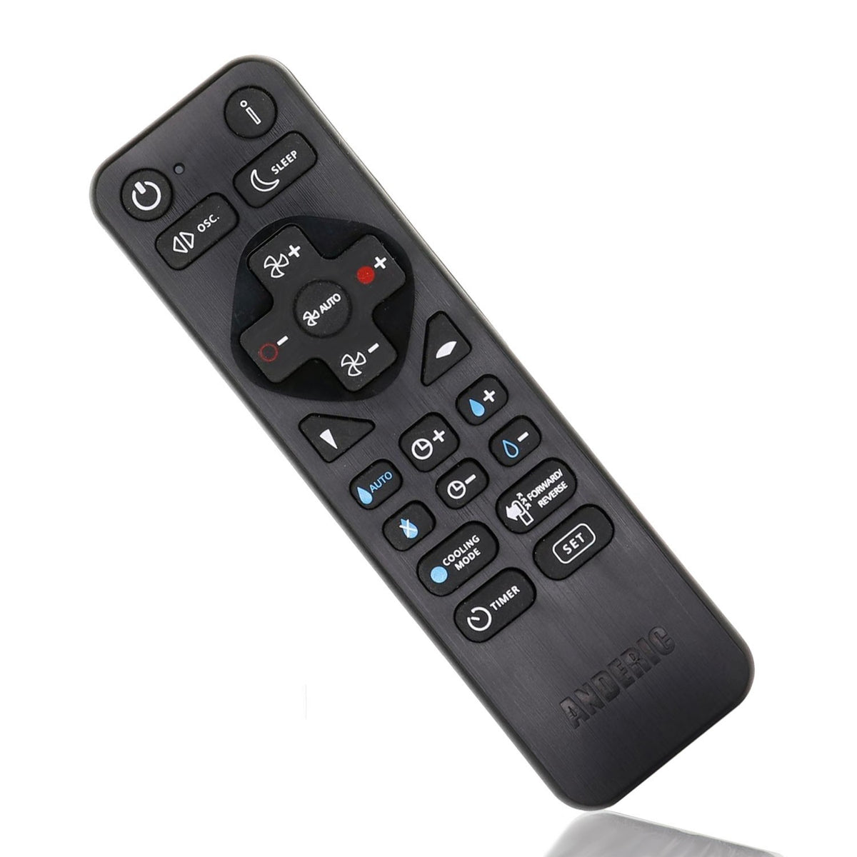 Anderic replacement remote control for Dyson pedestal fans featuring black plastic casing and intuitive button layout.