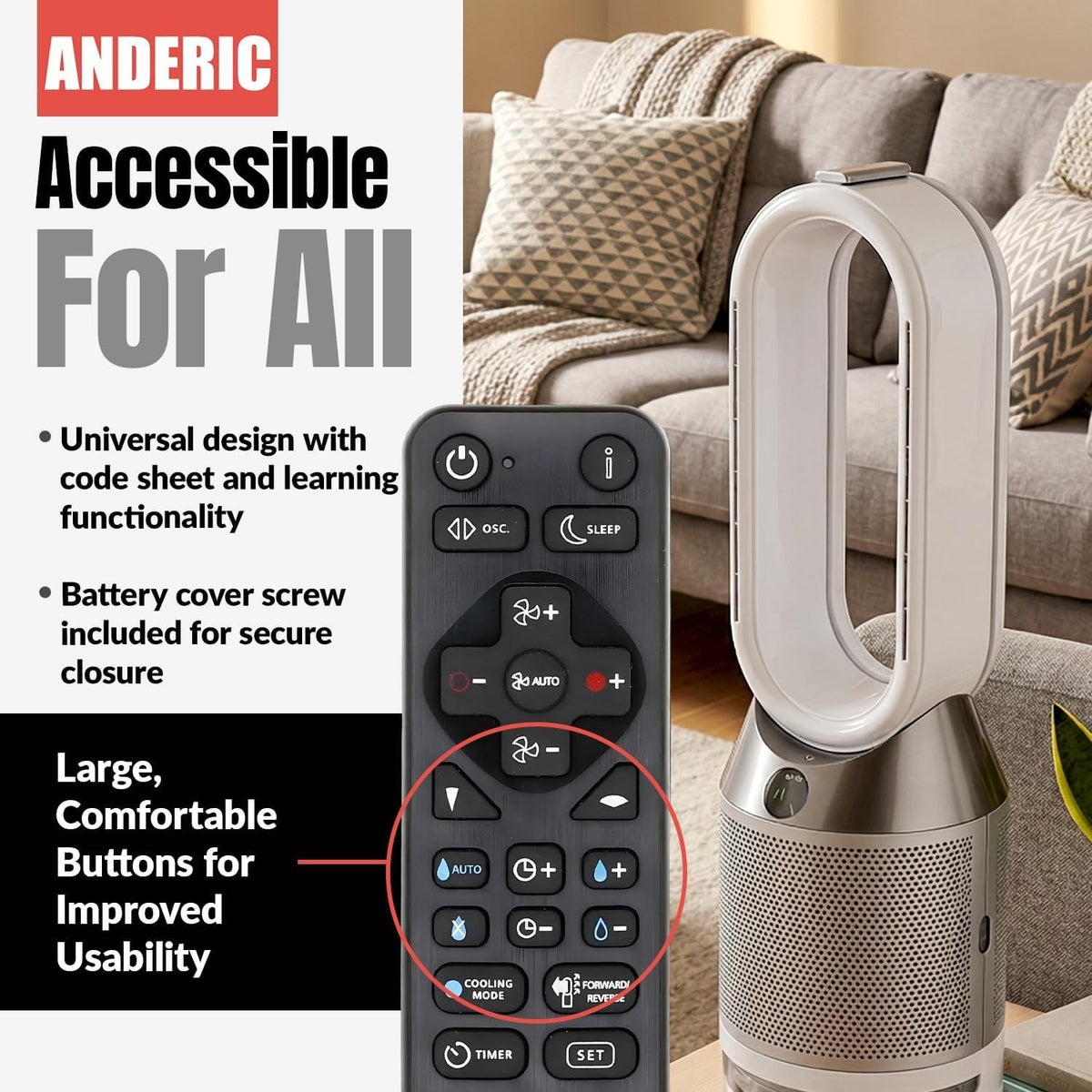 Anderic replacement remote control for Dyson purifier fans with large buttons, shown next to a Dyson TP04 fan.