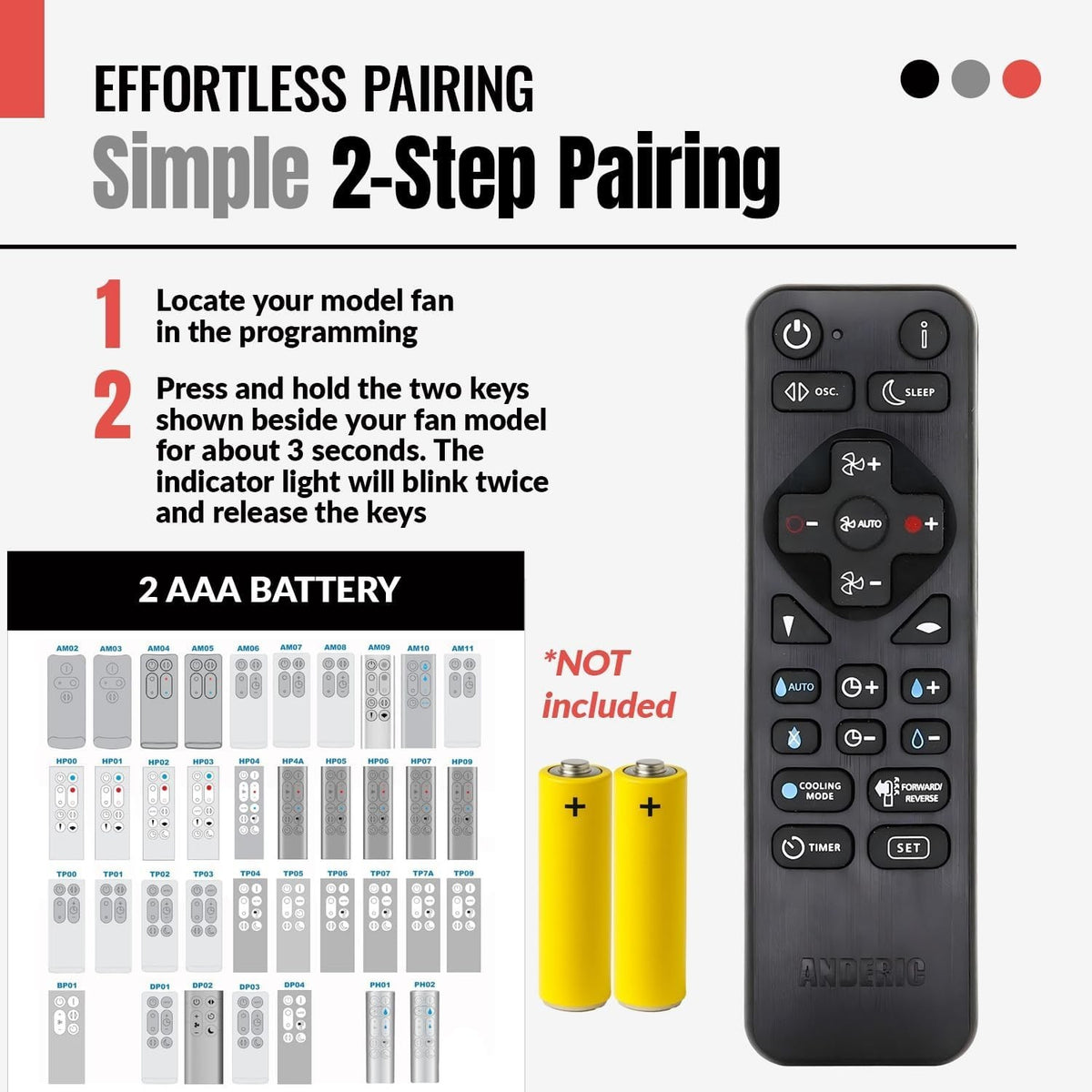 Anderic replacement remote control for Dyson TP03 tower fan with pairing instructions and battery requirements