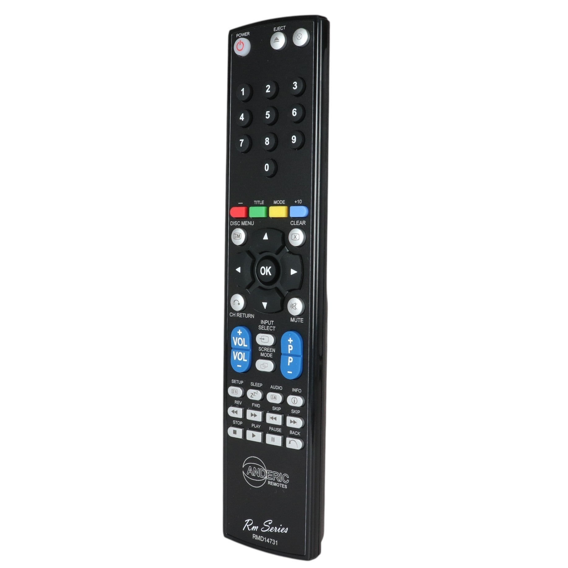 Anderic replacement remote control for Emerson NH408UP TV and DVD systems with black casing and intuitive buttons.