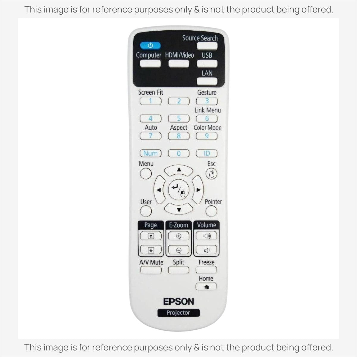 Anderic RR3720 universal replacement remote control for Epson PowerLite projectors with white casing and black buttons.