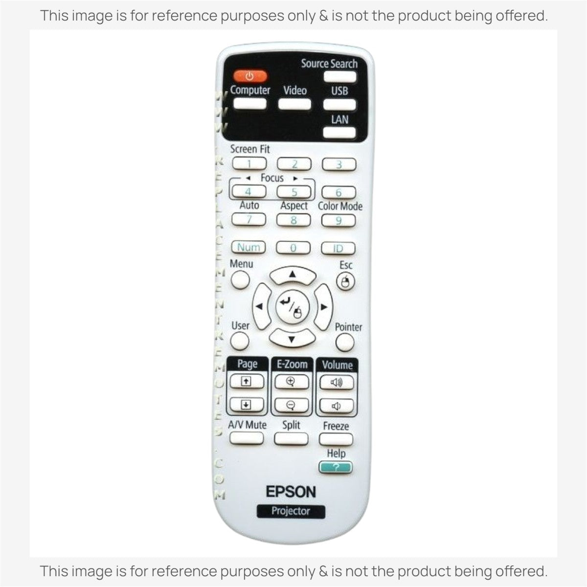 Anderic white replacement projector remote control for Epson 1566090 with labeled buttons and source search function.