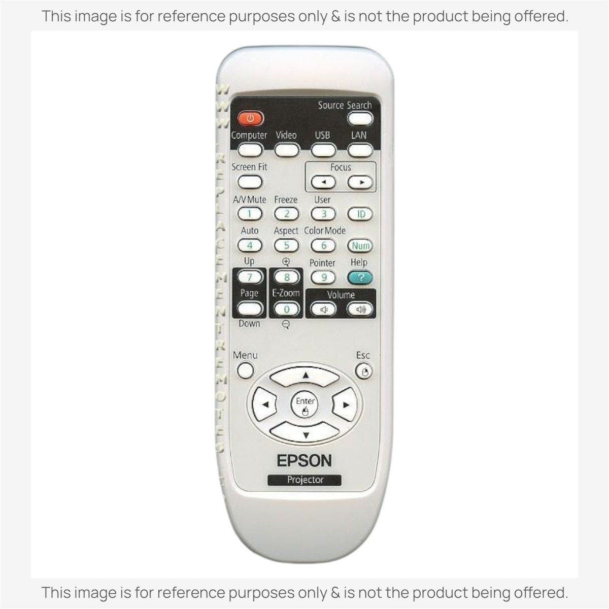 Anderic replacement remote control for Epson projectors with white casing and clearly labeled function buttons.