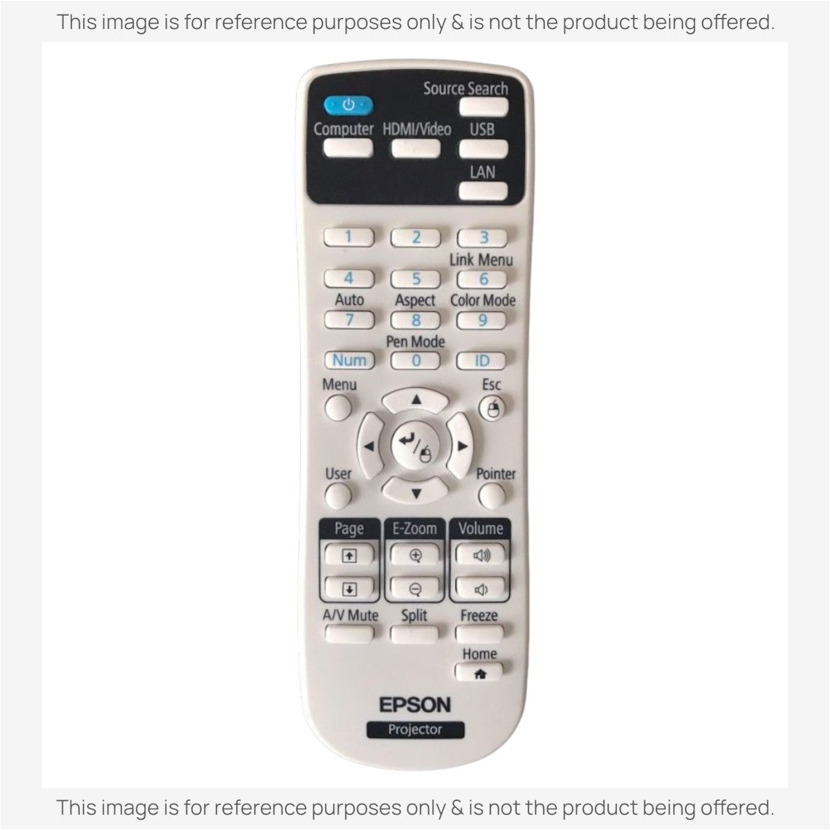 Anderic RR3720 white replacement remote control for Epson projectors with labeled buttons and navigation controls.