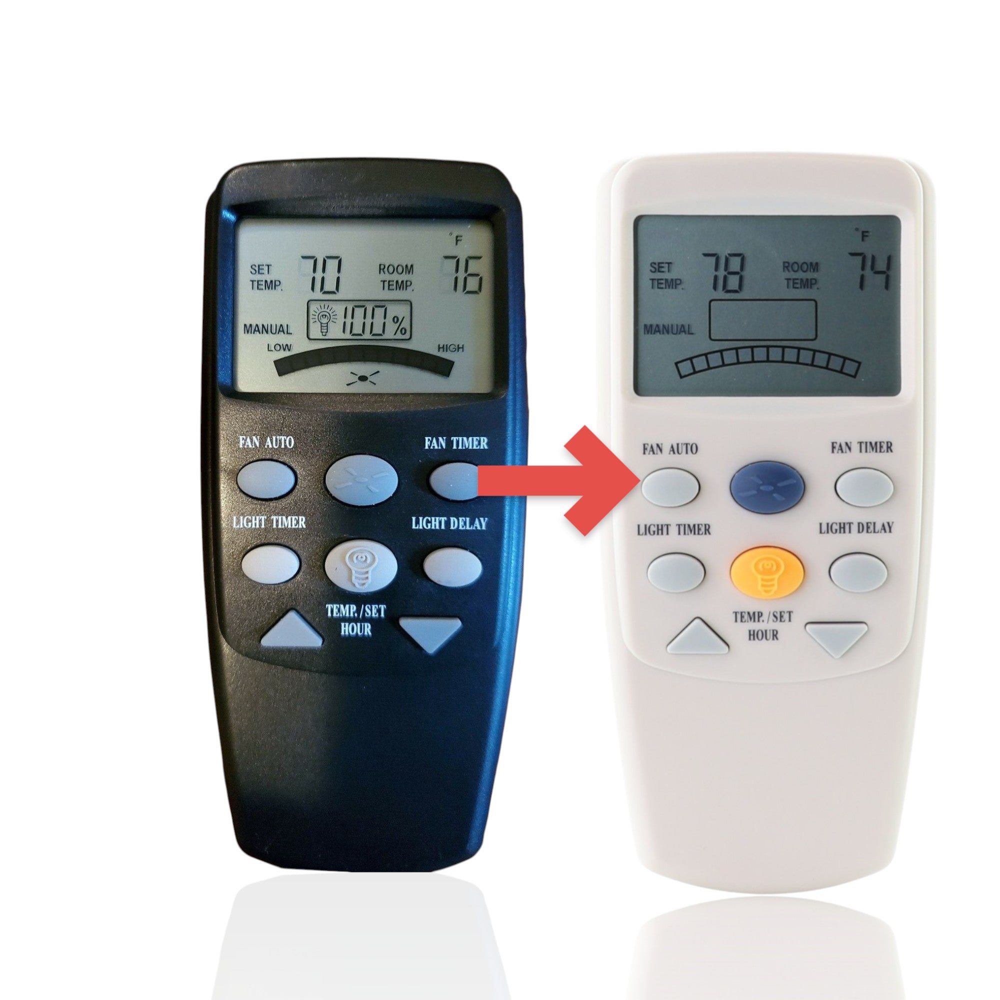 Anderic FAN-9T thermostatic ceiling fan remote control in black and white showing LCD display and button layout.