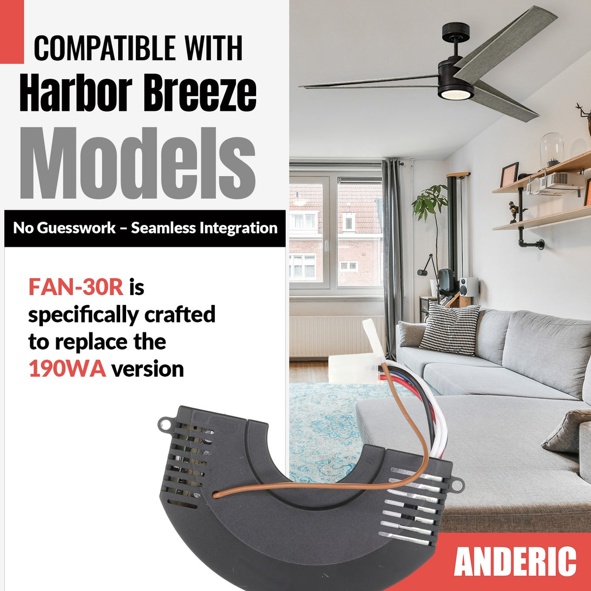 Anderic FAN30R replacement receiver for Harbor Breeze ceiling fans with wiring harness and black housing
