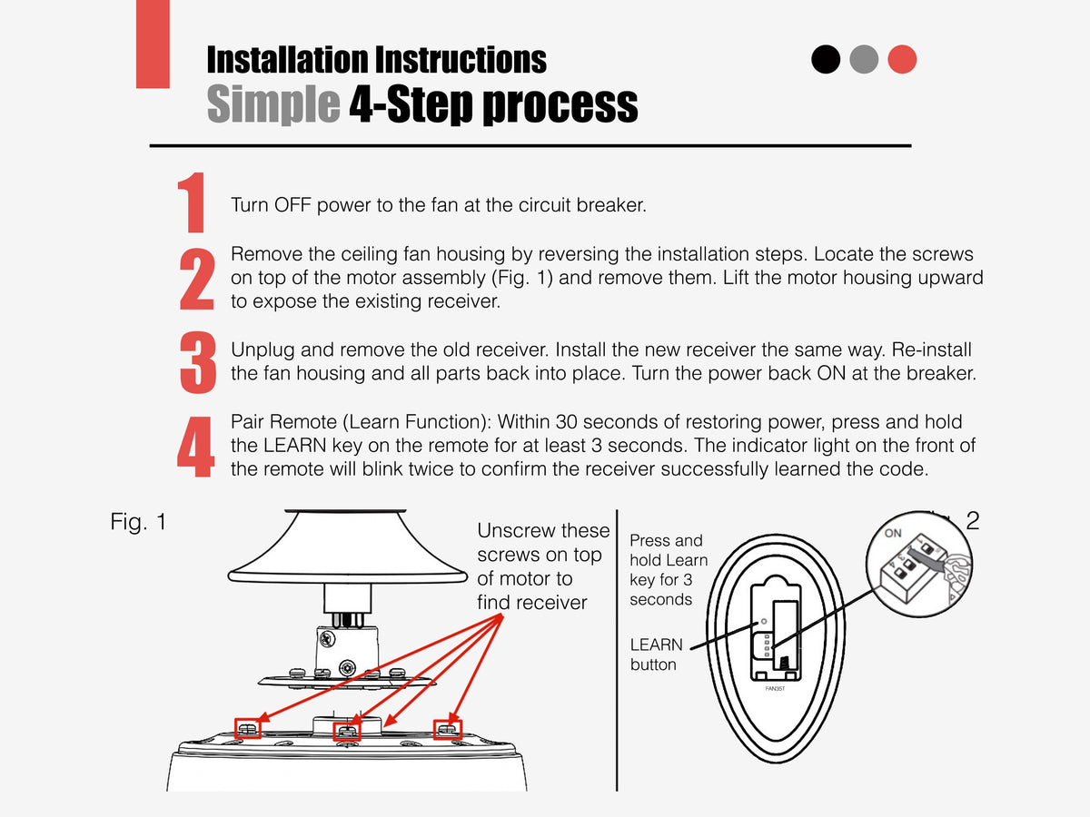 Anderic installation guide for FAN35T-FAN30R-KIT ceiling fan remote showing a 4-step process and receiver diagram.