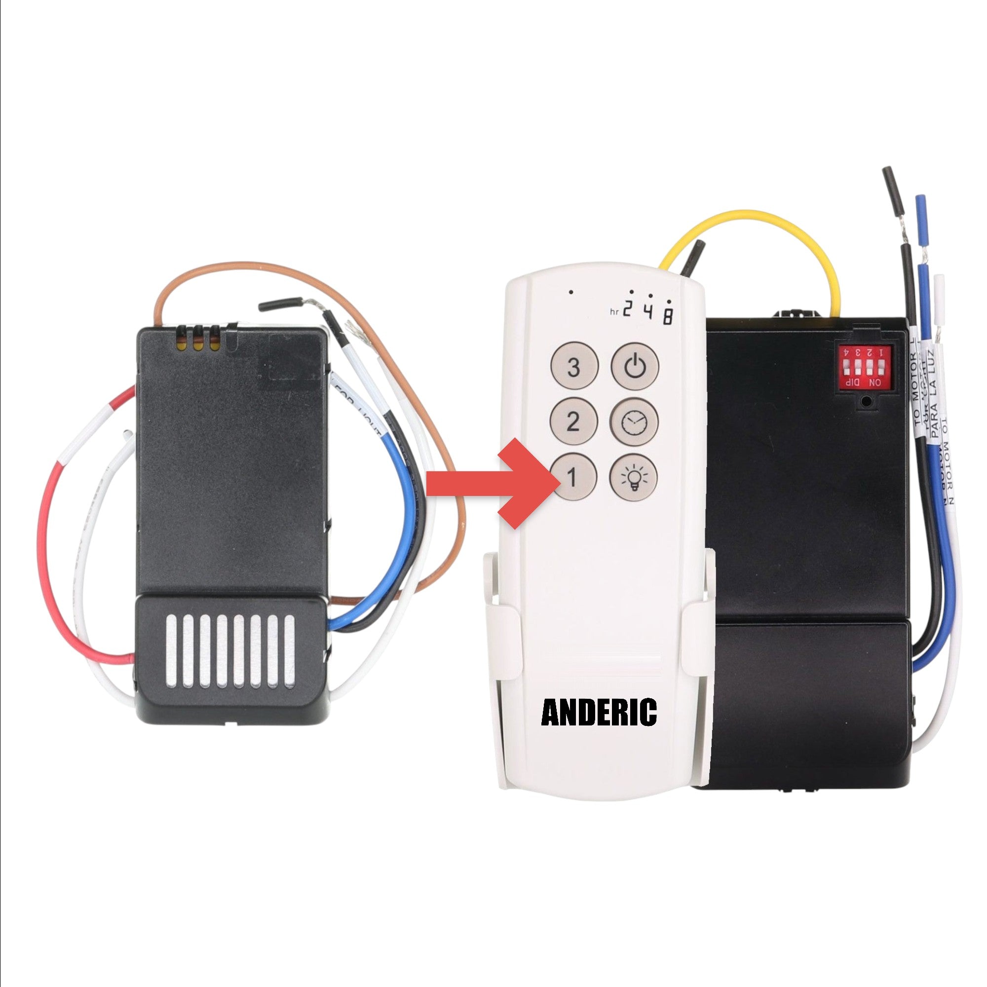 Anderic FAN42R 315MHz ceiling fan receiver replacement unit with black casing and multi-colored wiring harness.