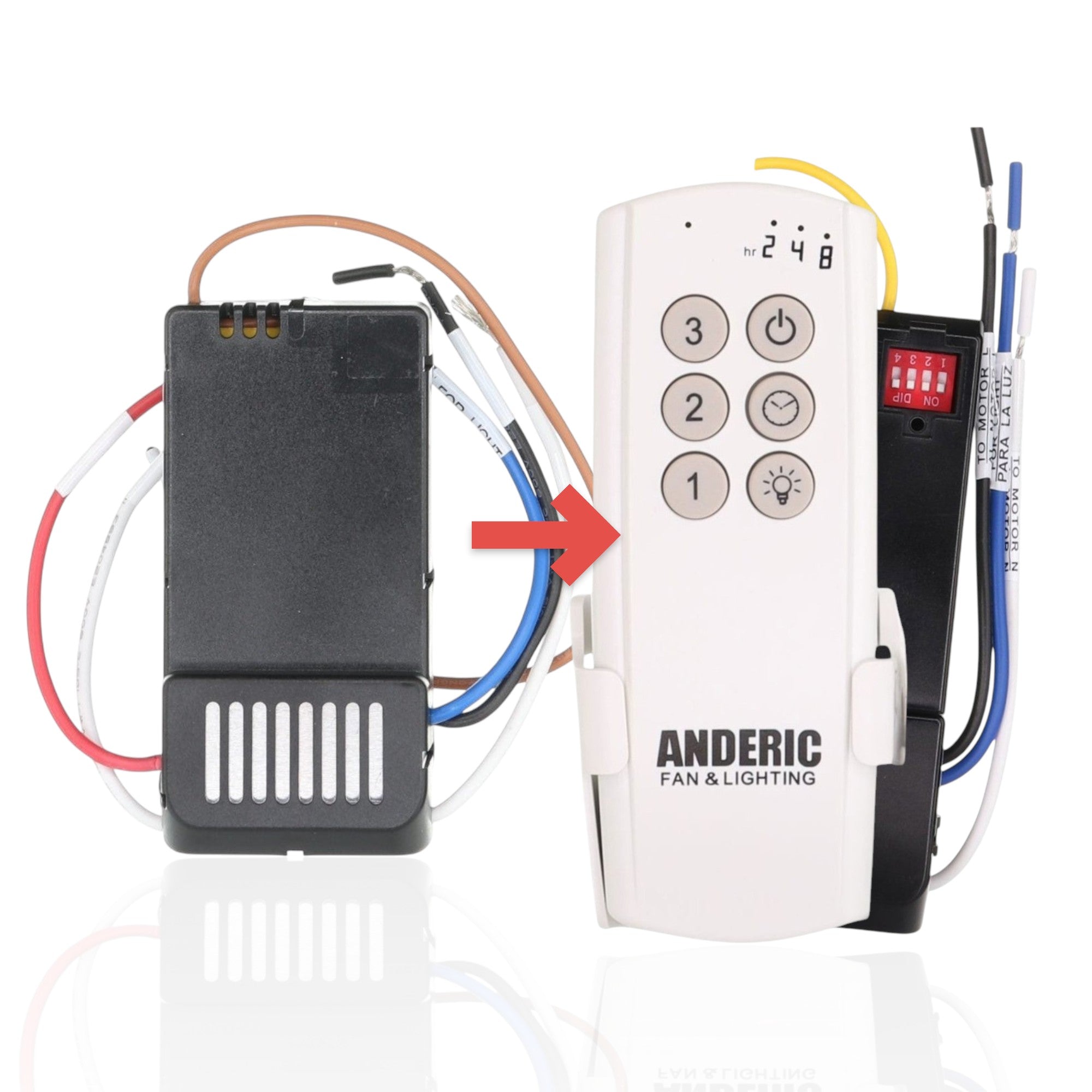 Anderic FAN42R 315MHz ceiling fan receiver replacement unit with black plastic housing and multi-colored wiring