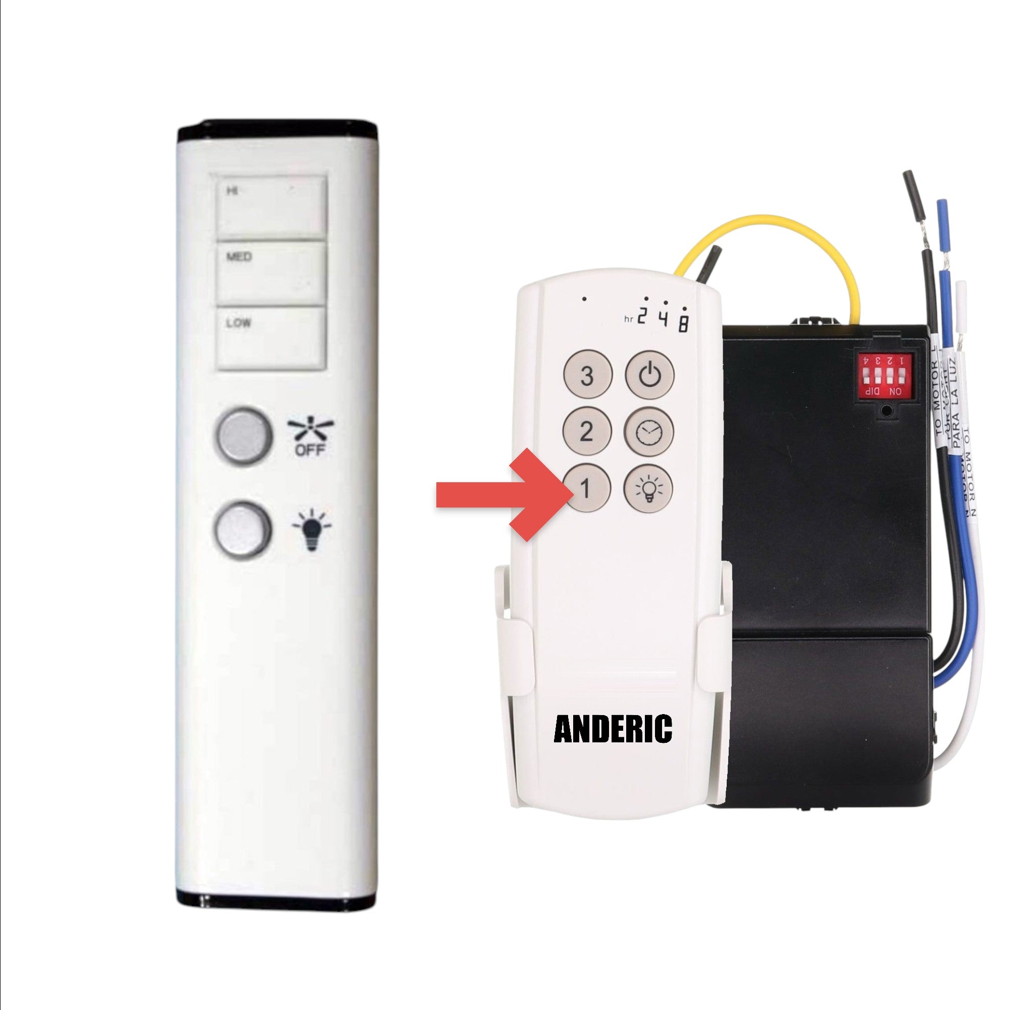 Anderic white FAN57T ceiling fan remote control with speed buttons and light dimming functionality.