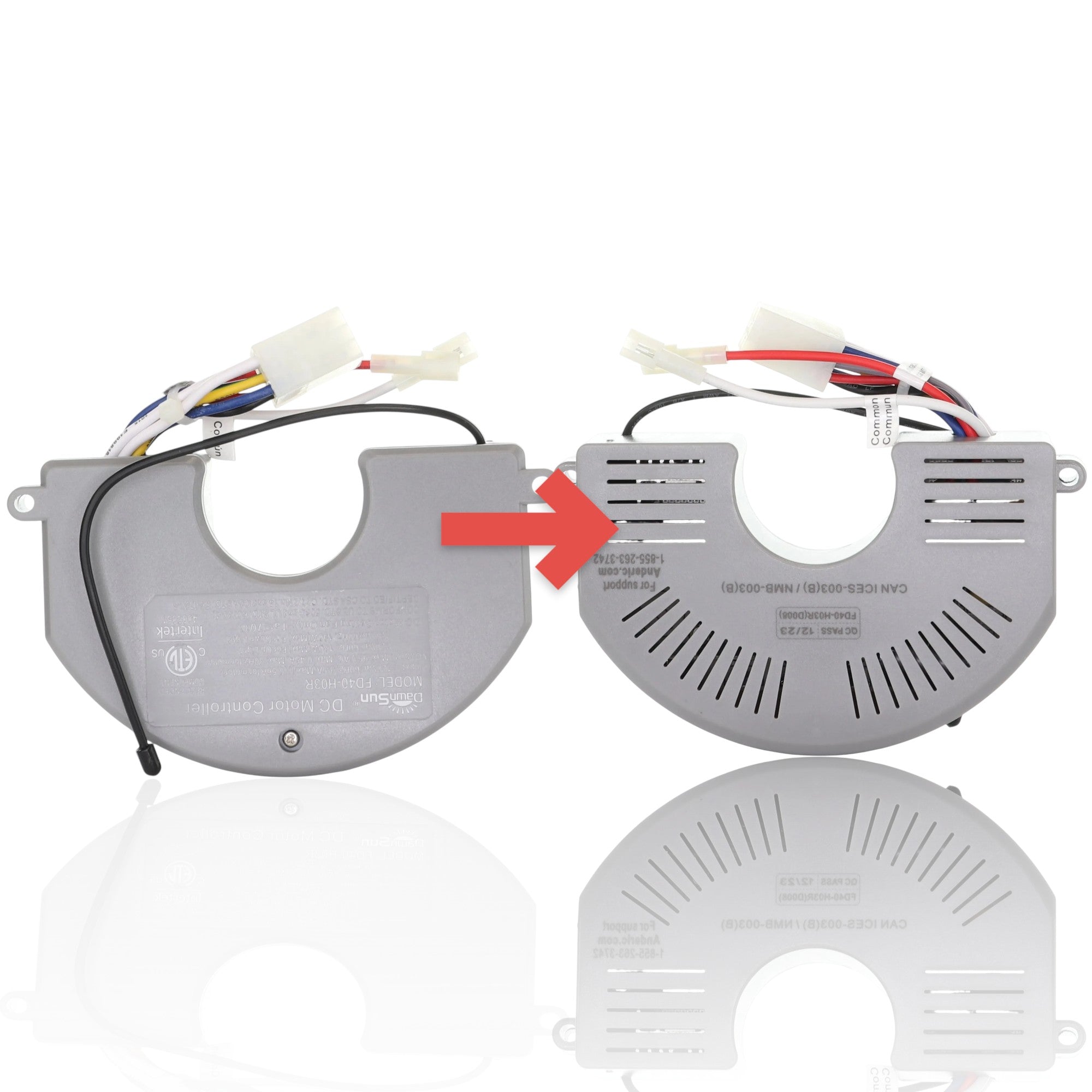 Anderic FD40-H03R ceiling fan receiver showing front and back views with wiring harnesses and ventilation slots.