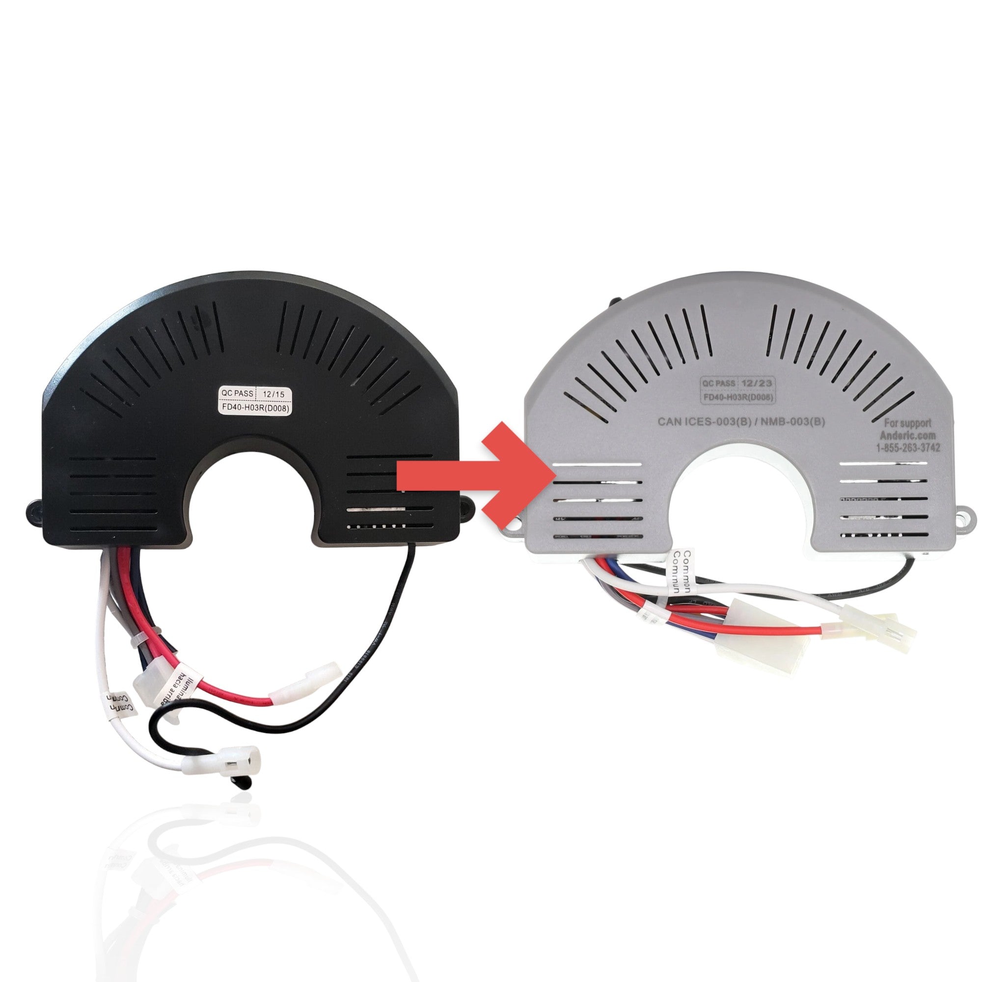 Anderic FD40-H03R ceiling fan DC motor receiver substitute showing black and grey housing units with wiring.