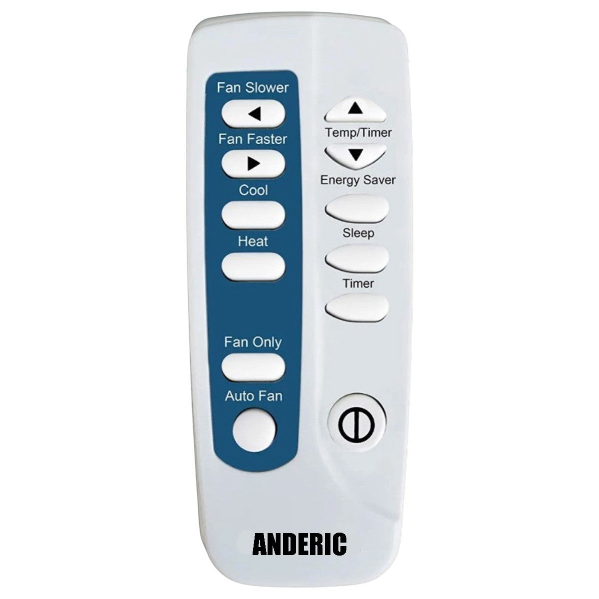 Anderic RRFRIG01 replacement remote control for Frigidaire air conditioners with white casing and blue button panel.