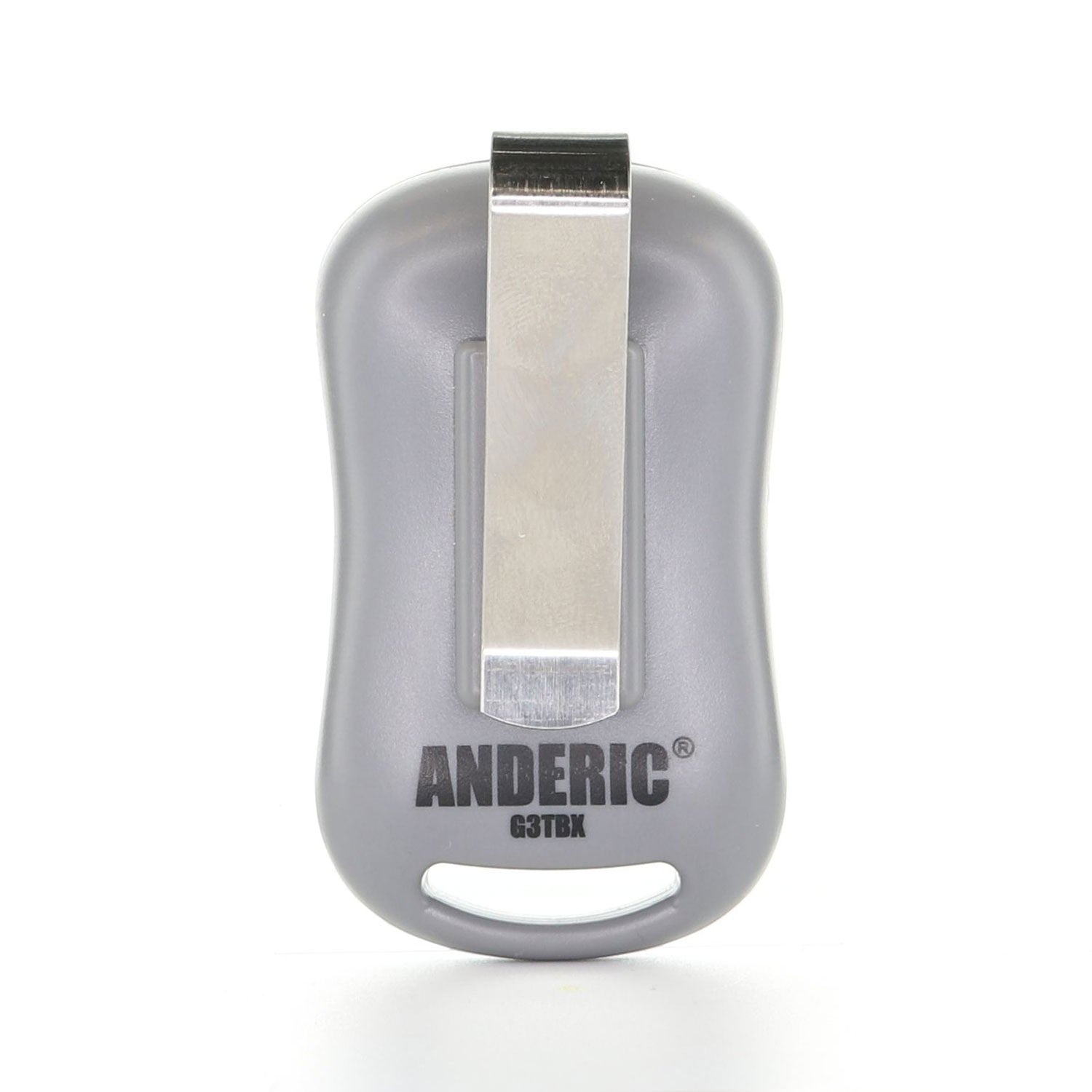 Anderic G3TBX 3-button garage door remote control in grey with a metal visor clip on the back.