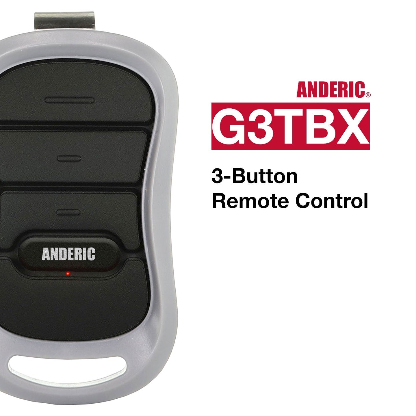 Anderic G3TBX 3-button garage door remote control with a grey frame and black buttons, featuring rolling code security.