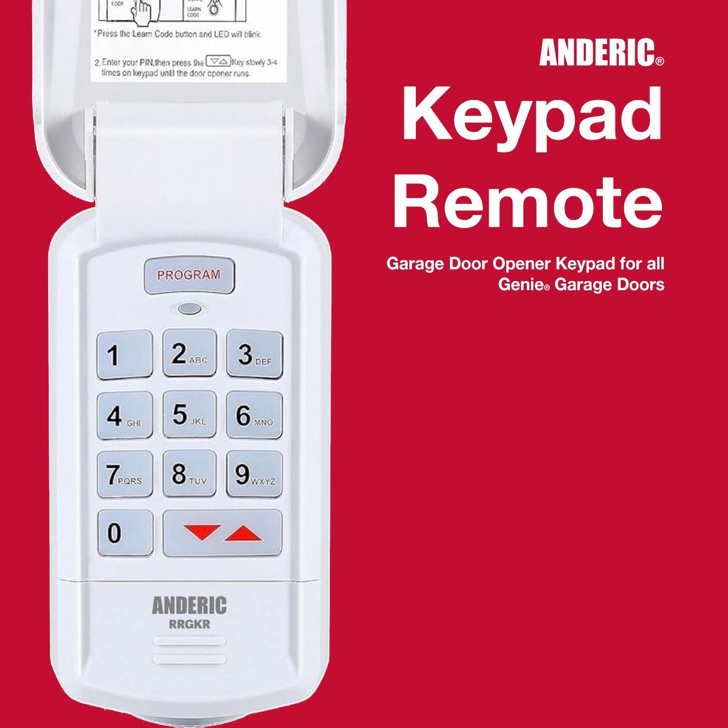 Anderic wireless garage door keypad remote with white casing, backlit buttons, and protective flip cover.