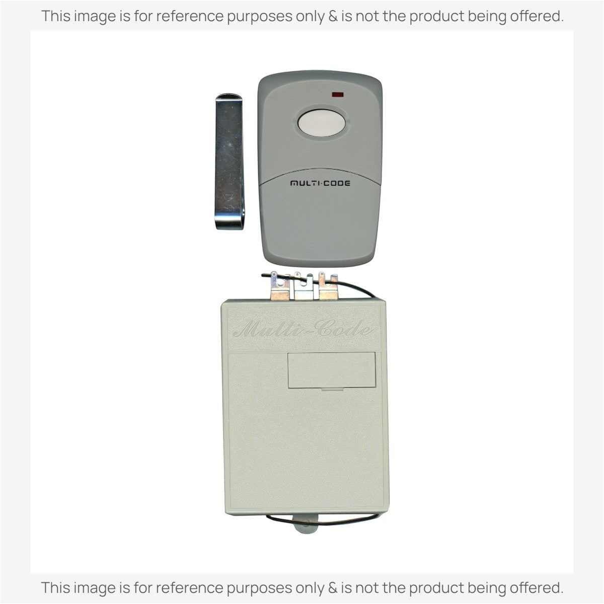 Anderic garage door opener conversion kit with a grey remote control and receiver unit for Linear Multicode systems.