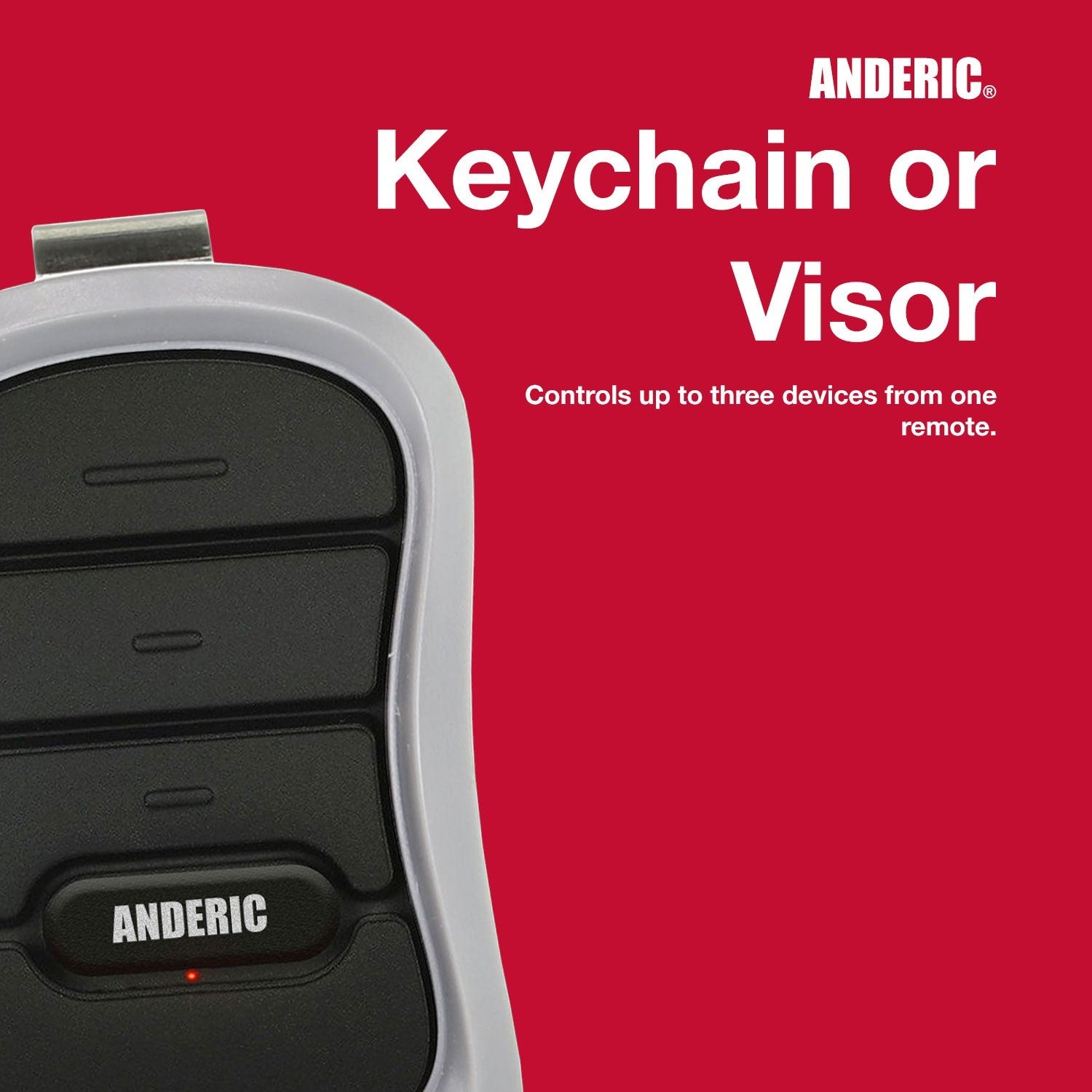 Anderic G3TBX garage door opener remote with three black buttons and a white frame on a red background.