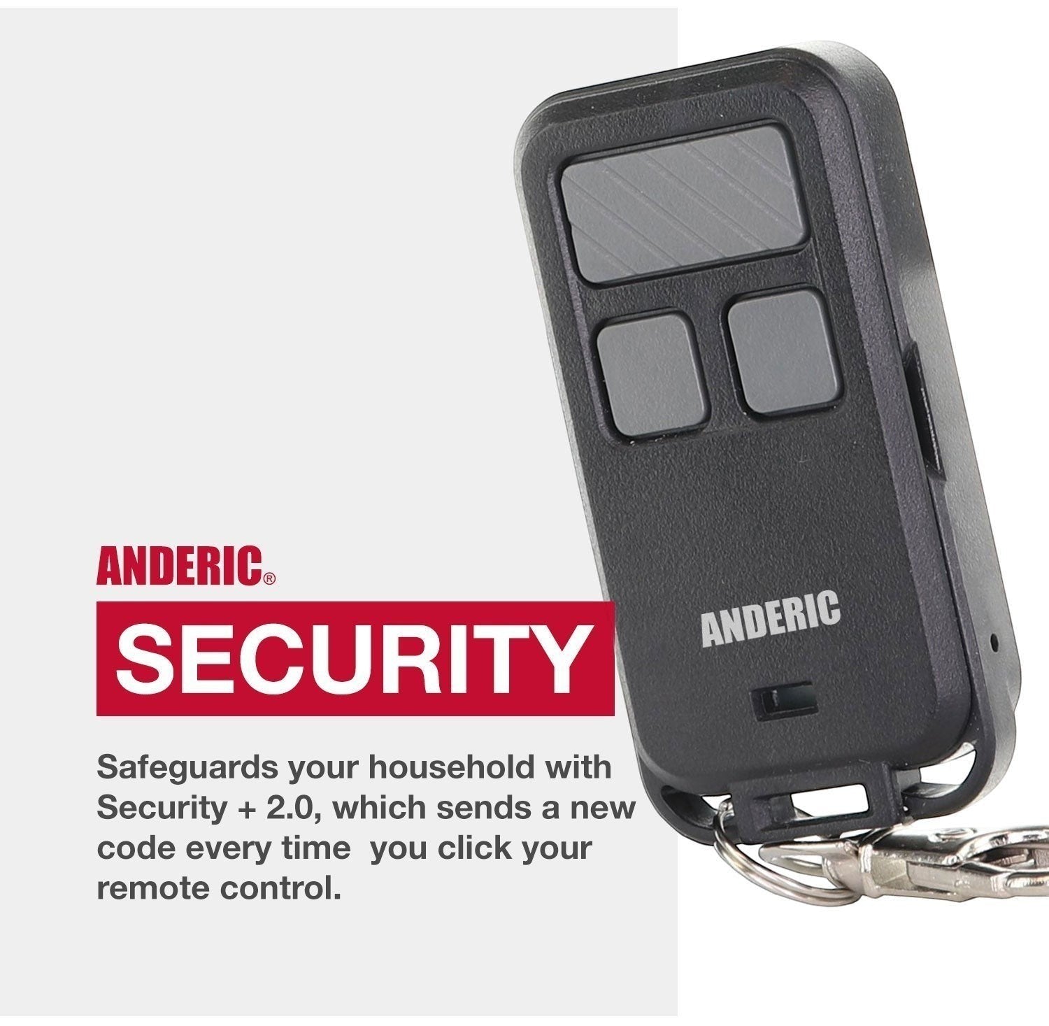 Anderic 3-button black keychain garage door opener remote control with Security+ 2.0 technology.