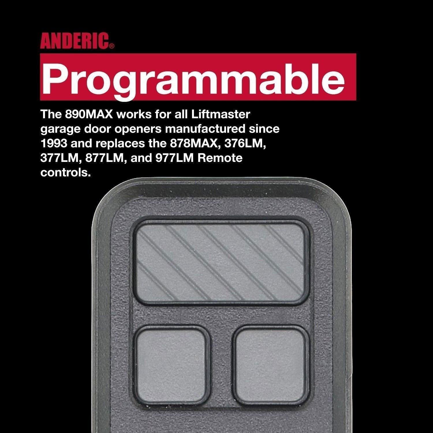 Anderic 890MAX programmable garage door opener remote control with 3 buttons. Black plastic.